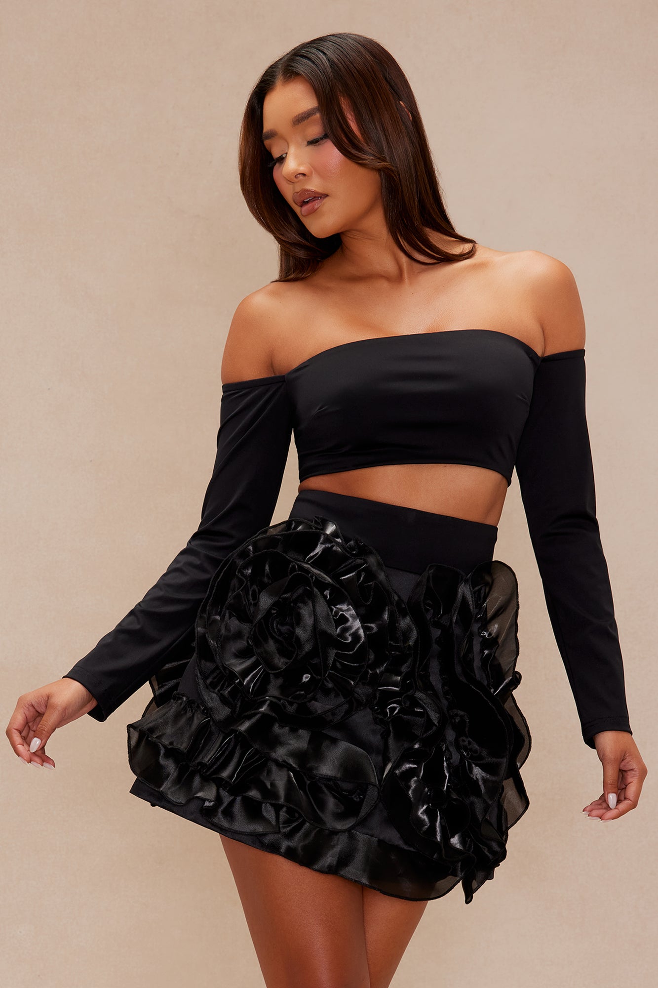 Neveah Off Shoulder Mini Skirt Set - Black