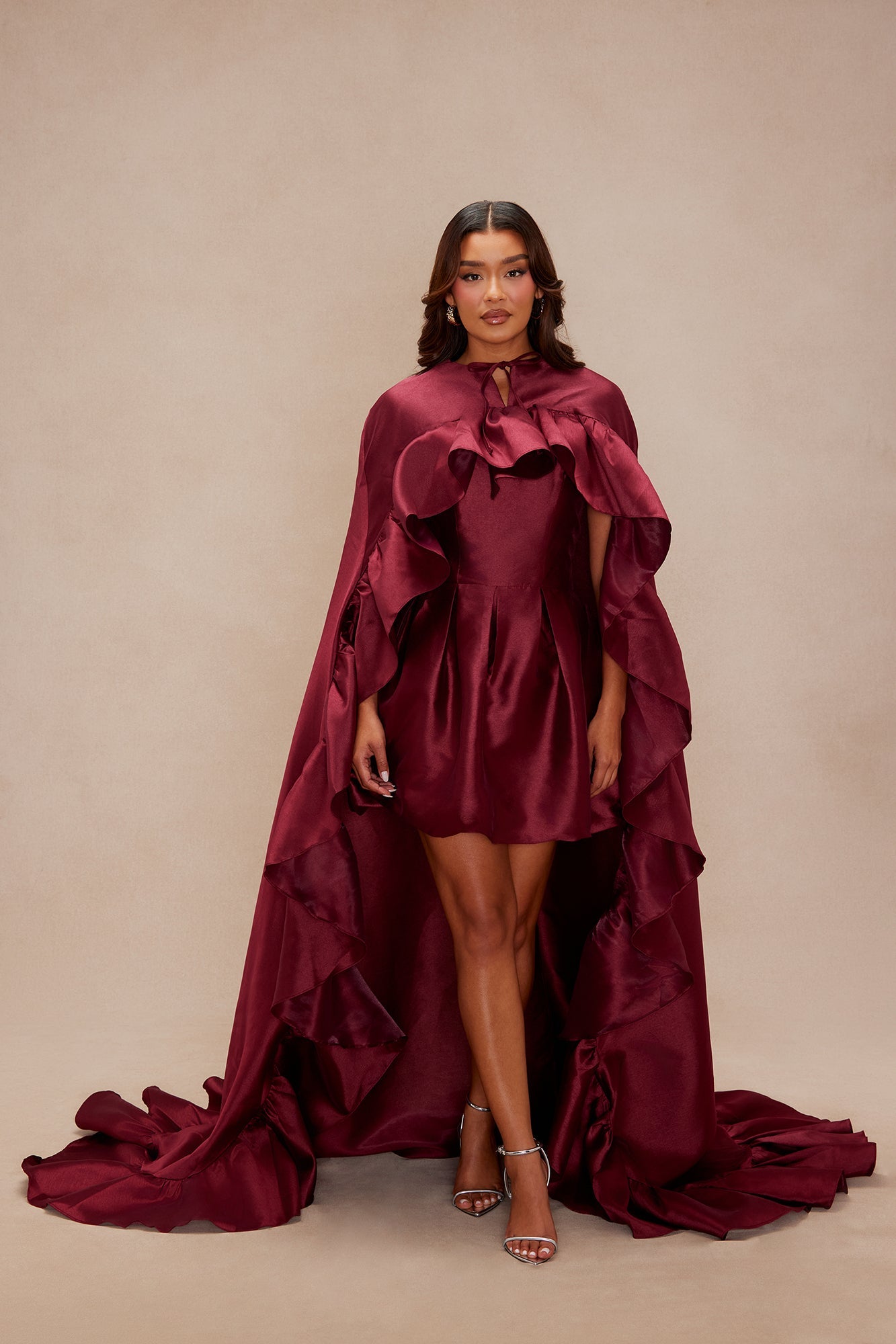 Chic Drama 2 Piece Cape Mini Dress Set - Burgundy