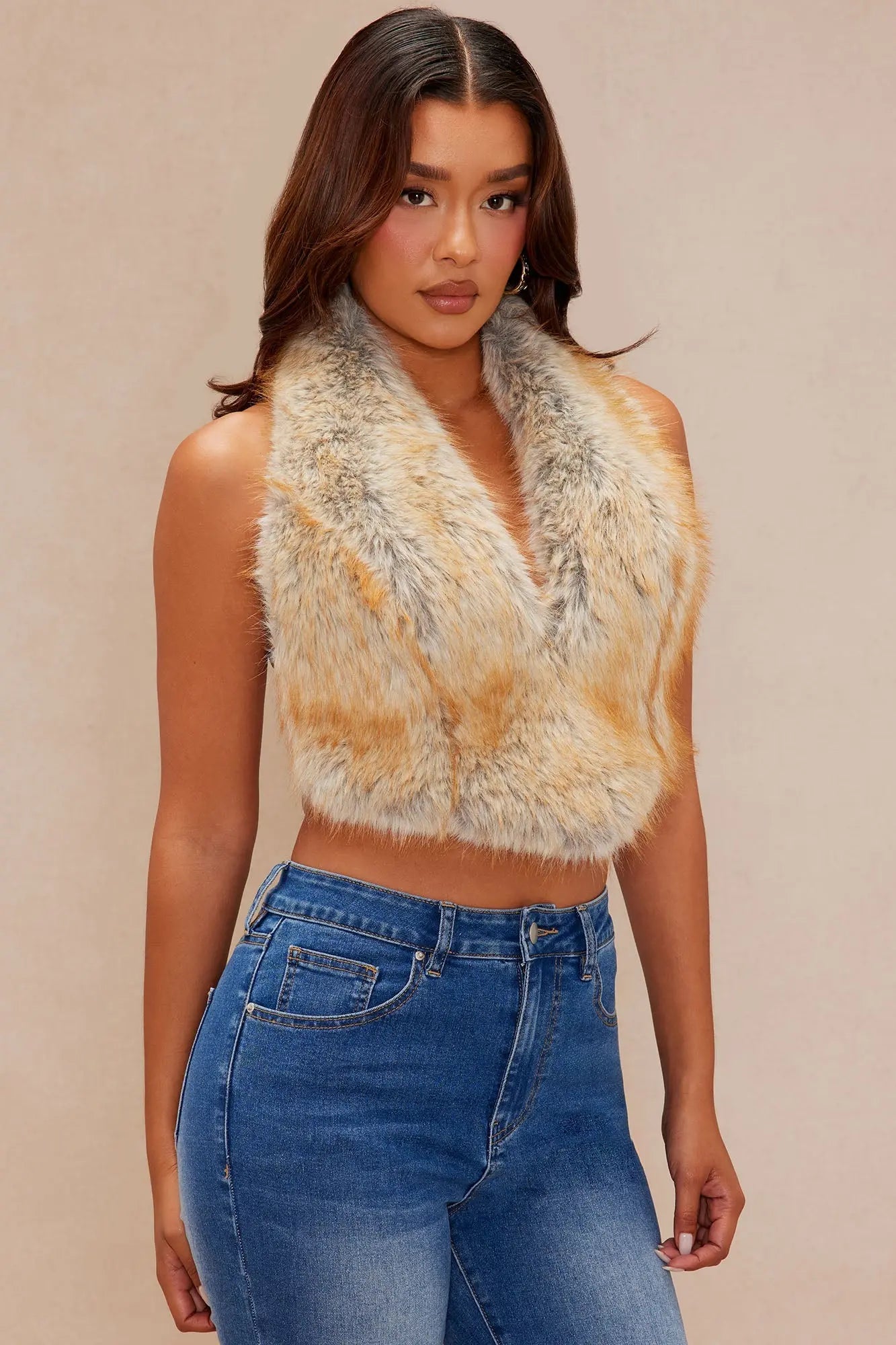 Raven Faux Fur Backless Top - Camel/combo