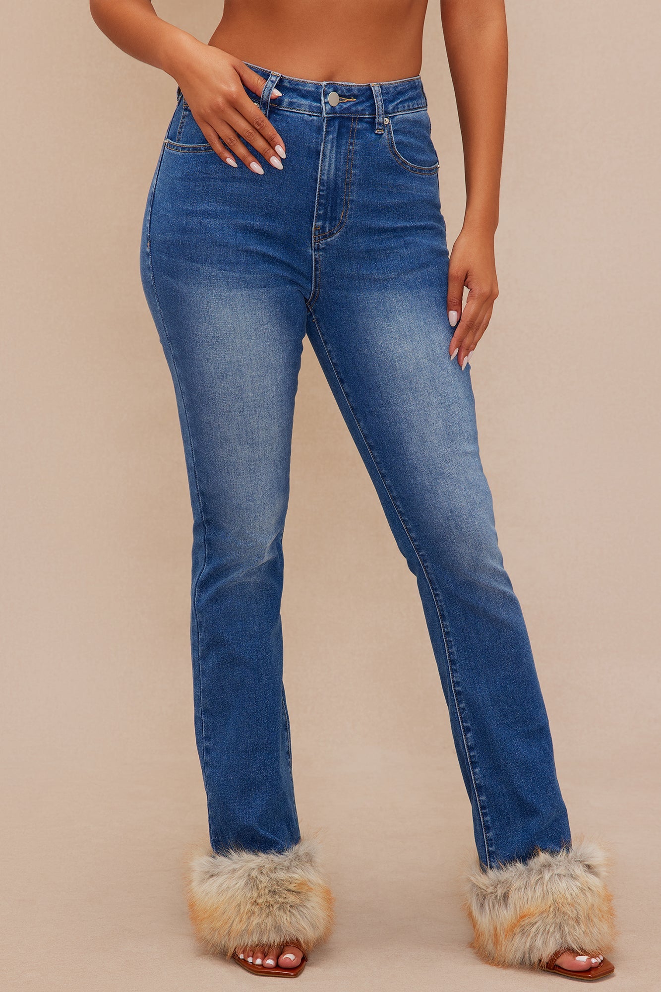 Raven Faux Fur Cuff Jeans - Denim