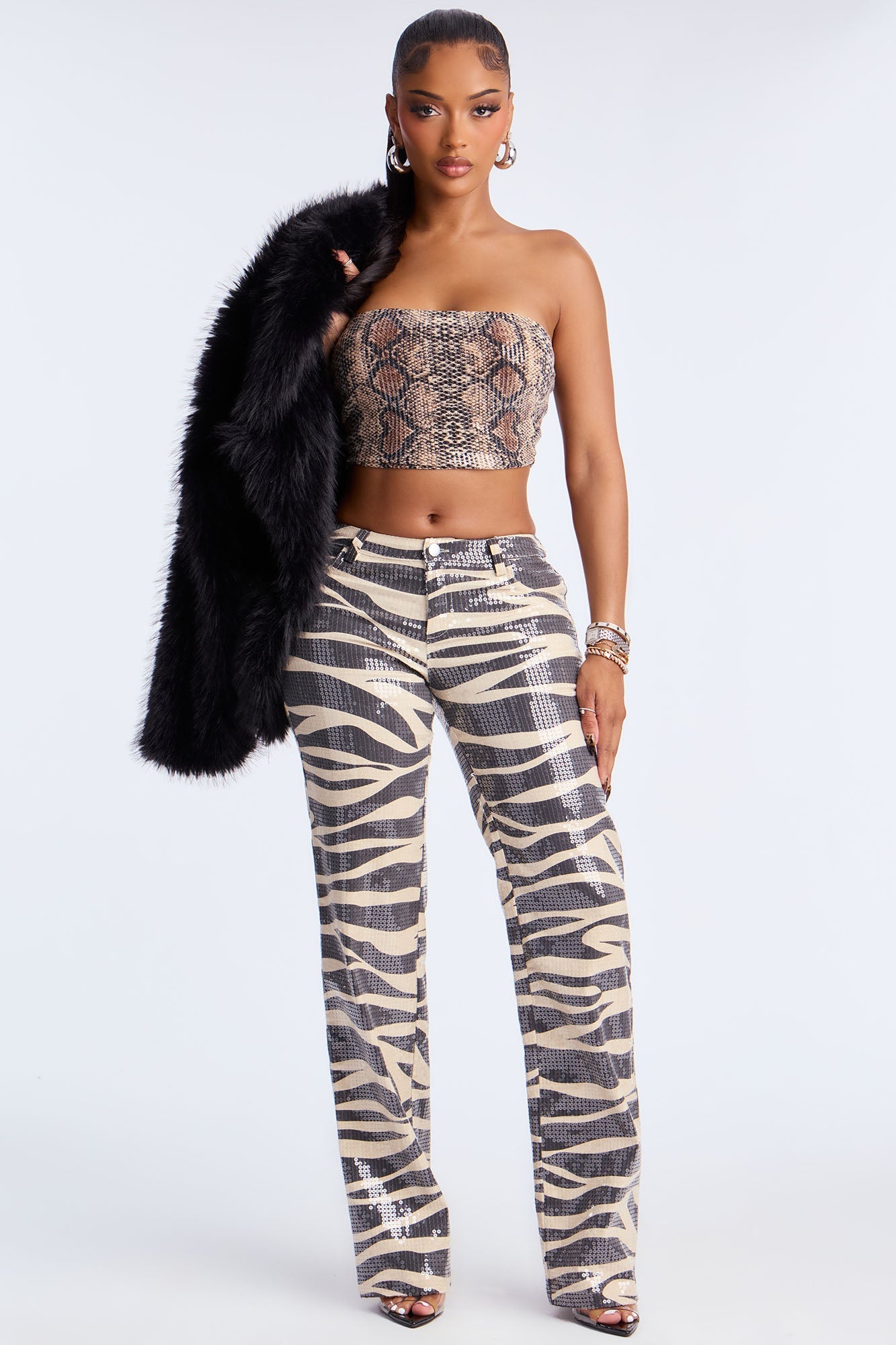 Striped Savage Sequin Zebra Straight Leg Jeans - Black/Smoke