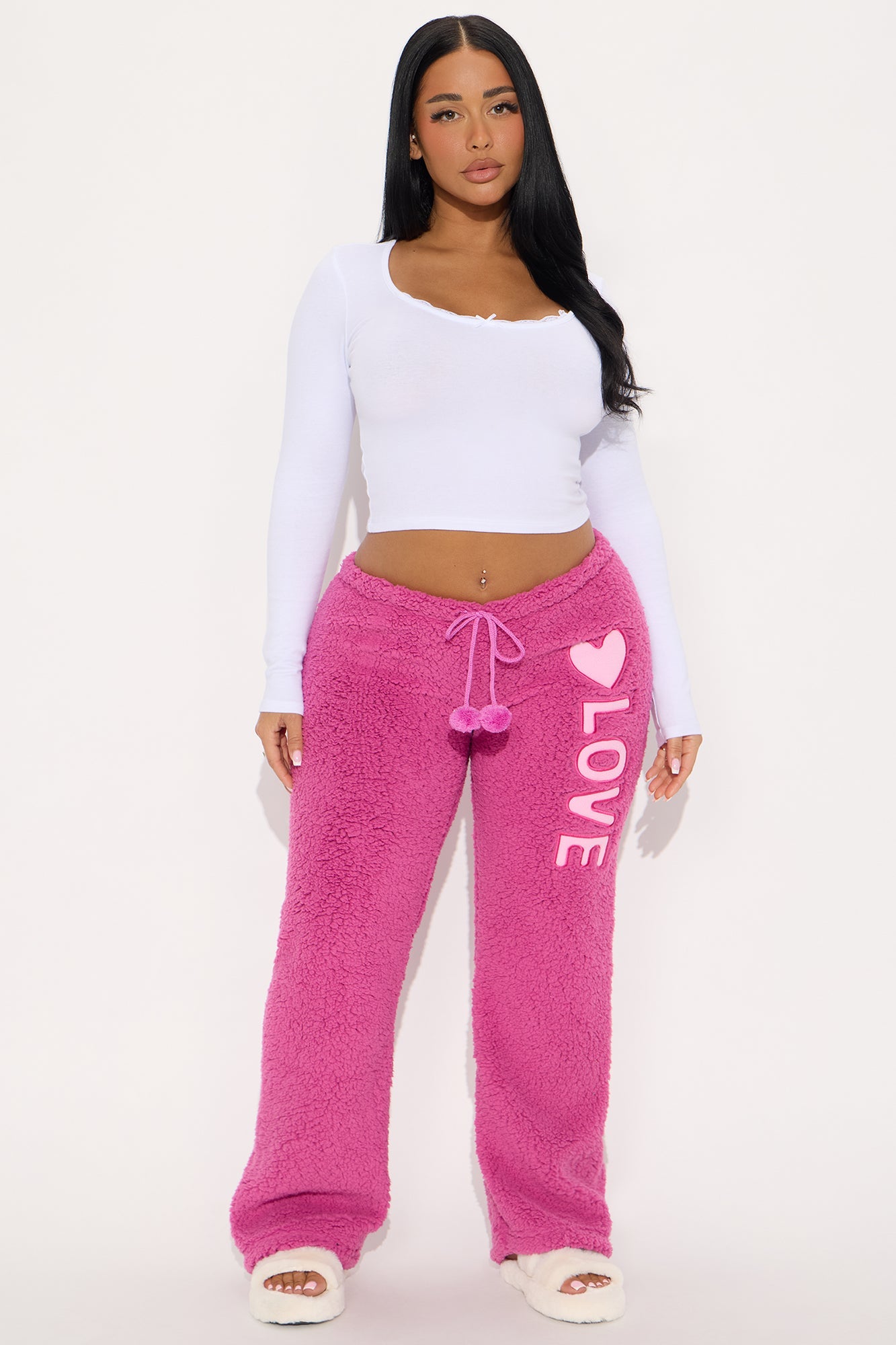 Fall In Love Embroidered Sherpa PJ Pants - Fuchsia