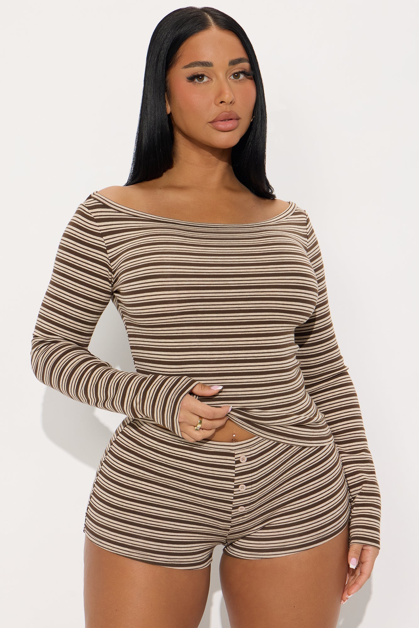 Finley Striped Long Sleeve Short Set - Brown