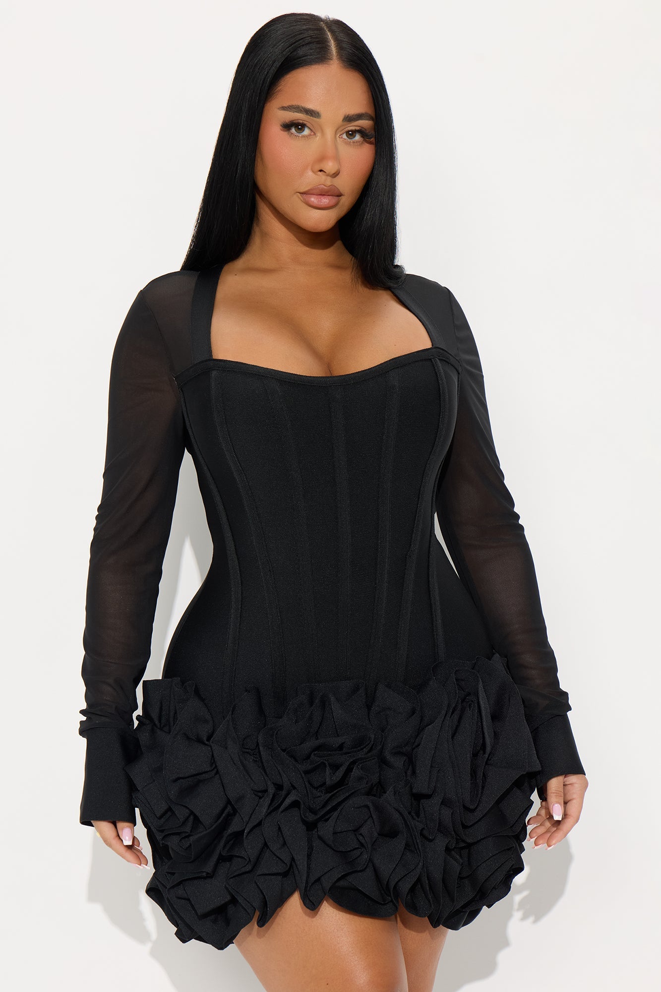 Blessed Beauty Long Sleeve Ruffle Rosette Bandage Mini Dress - Black