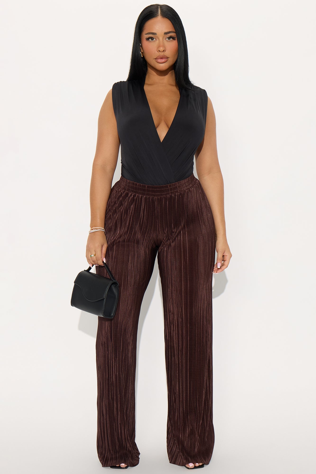 No Small Talk Wide Leg Plisse Pant 32″ - Chocolate