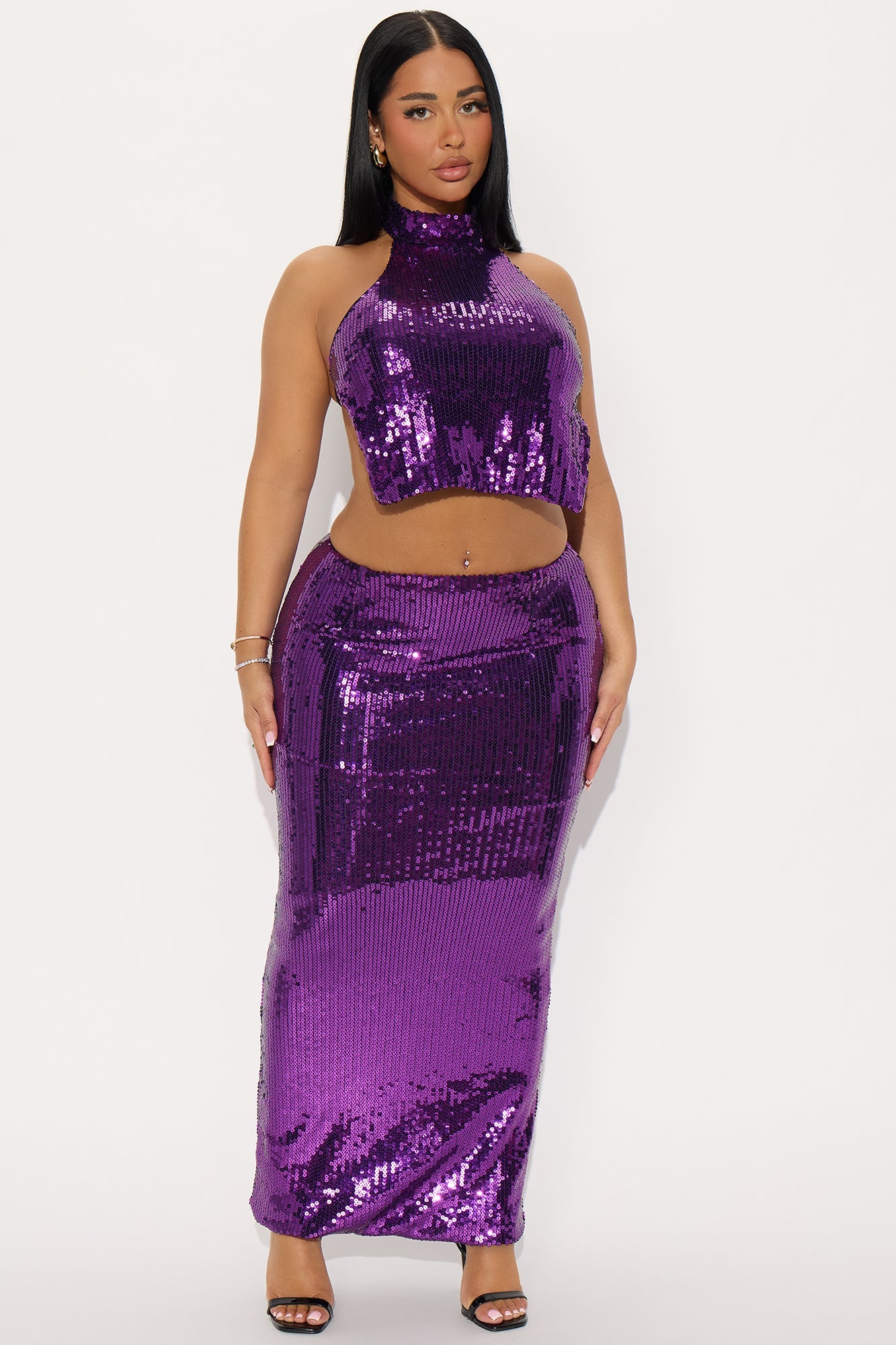 Khloe Sequin Halter Maxi Skirt Set - Purple