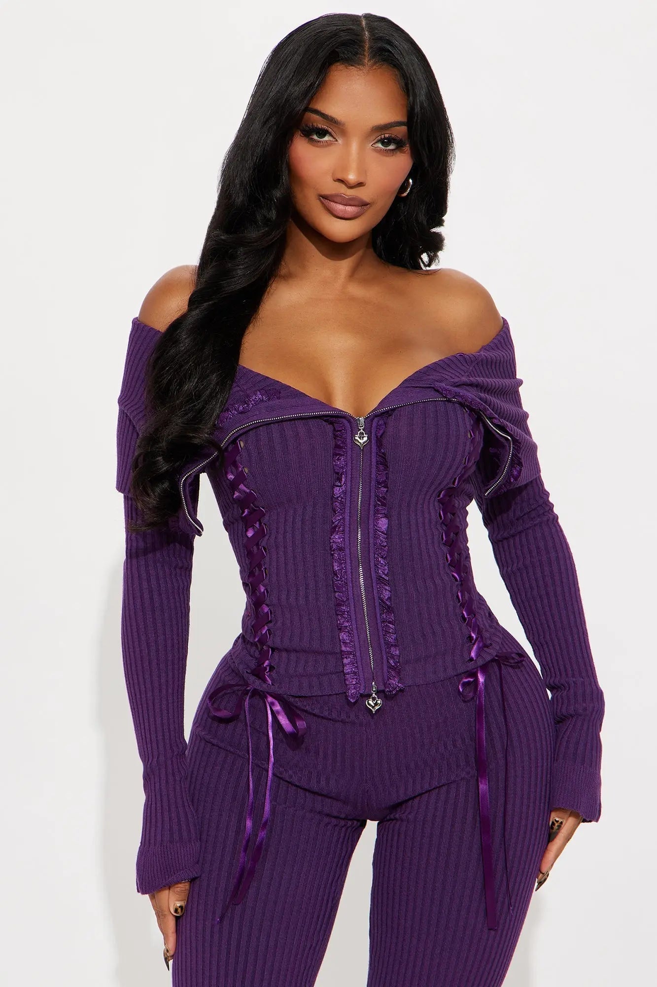 Love Affair Sweater Cardigan Flare Pant Set - Plum