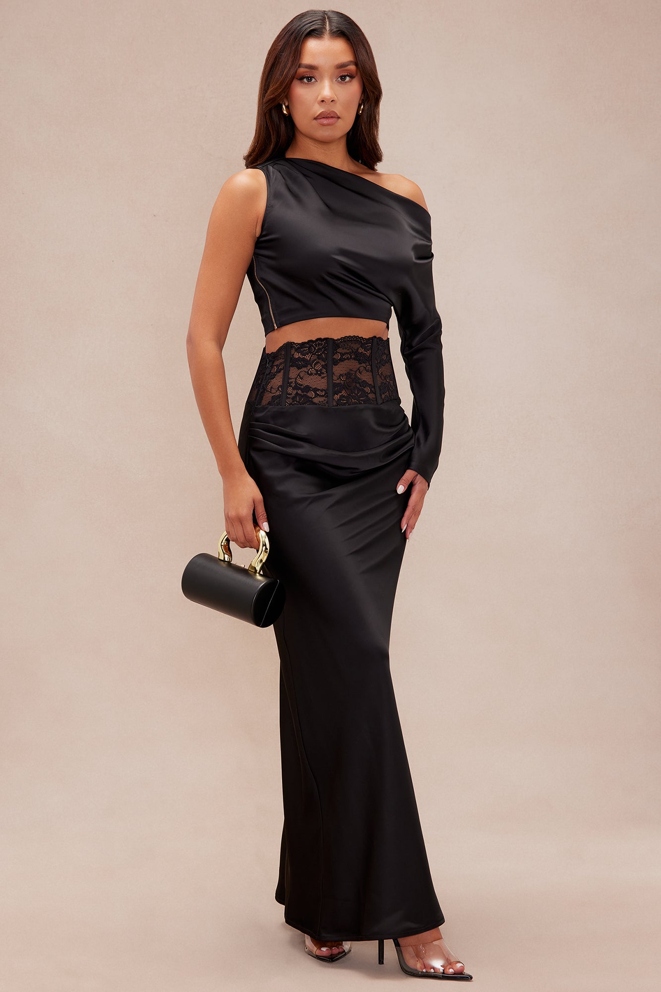 Bella Lace Satin Skirt Set - Black