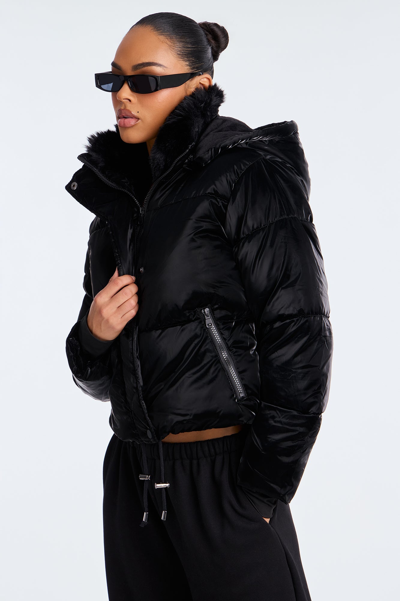 Snowed In Fur Trim Hooded Puffer Jacket - Black