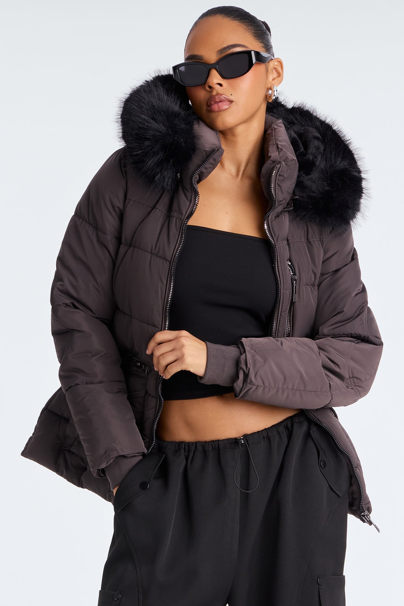 Trip To Aspen Fur Hooded Puffer Jacket - Charcoal