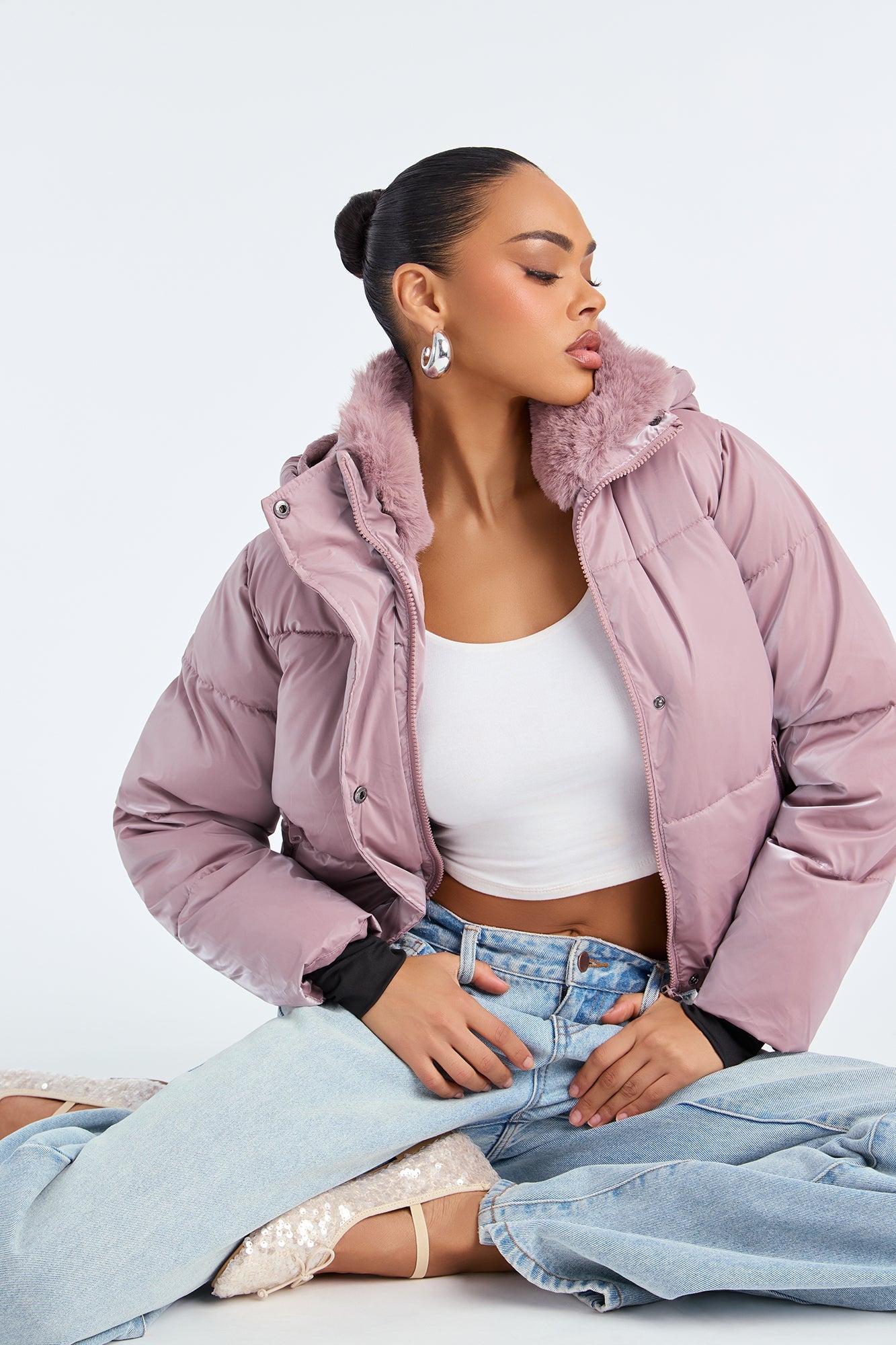 Snowed In Fur Trim Hooded Puffer Jacket - Mauve