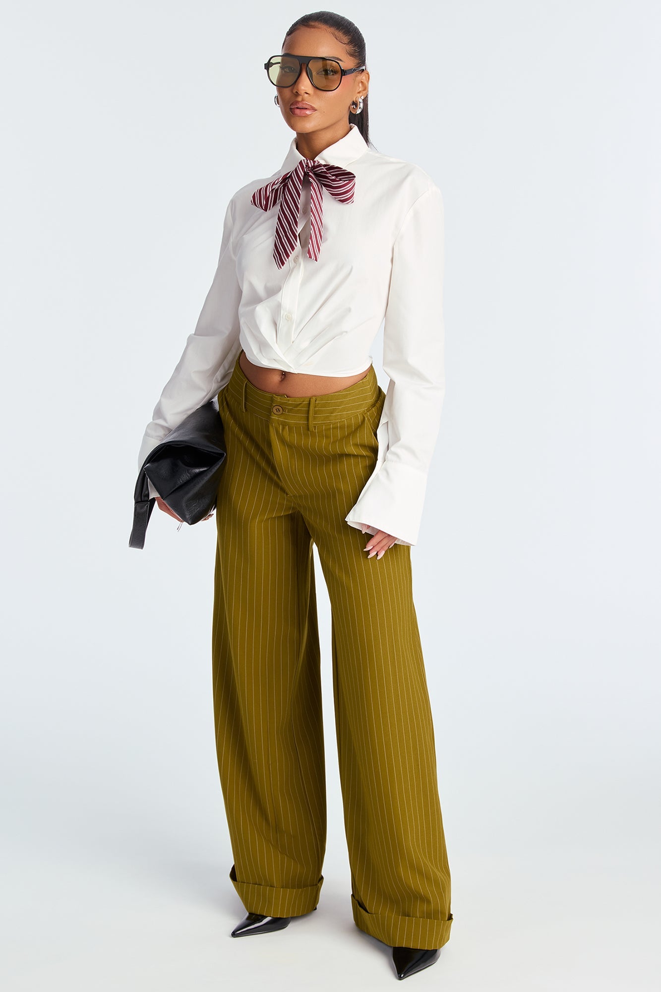 Bossed Up Cuffed Pinstripe Trouser Pant 32″ - Olive