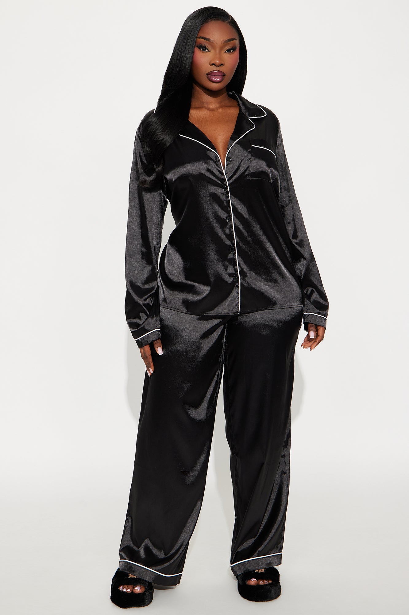 Bedtime Stretch Satin Long Sleeve PJ Pant Set - Black
