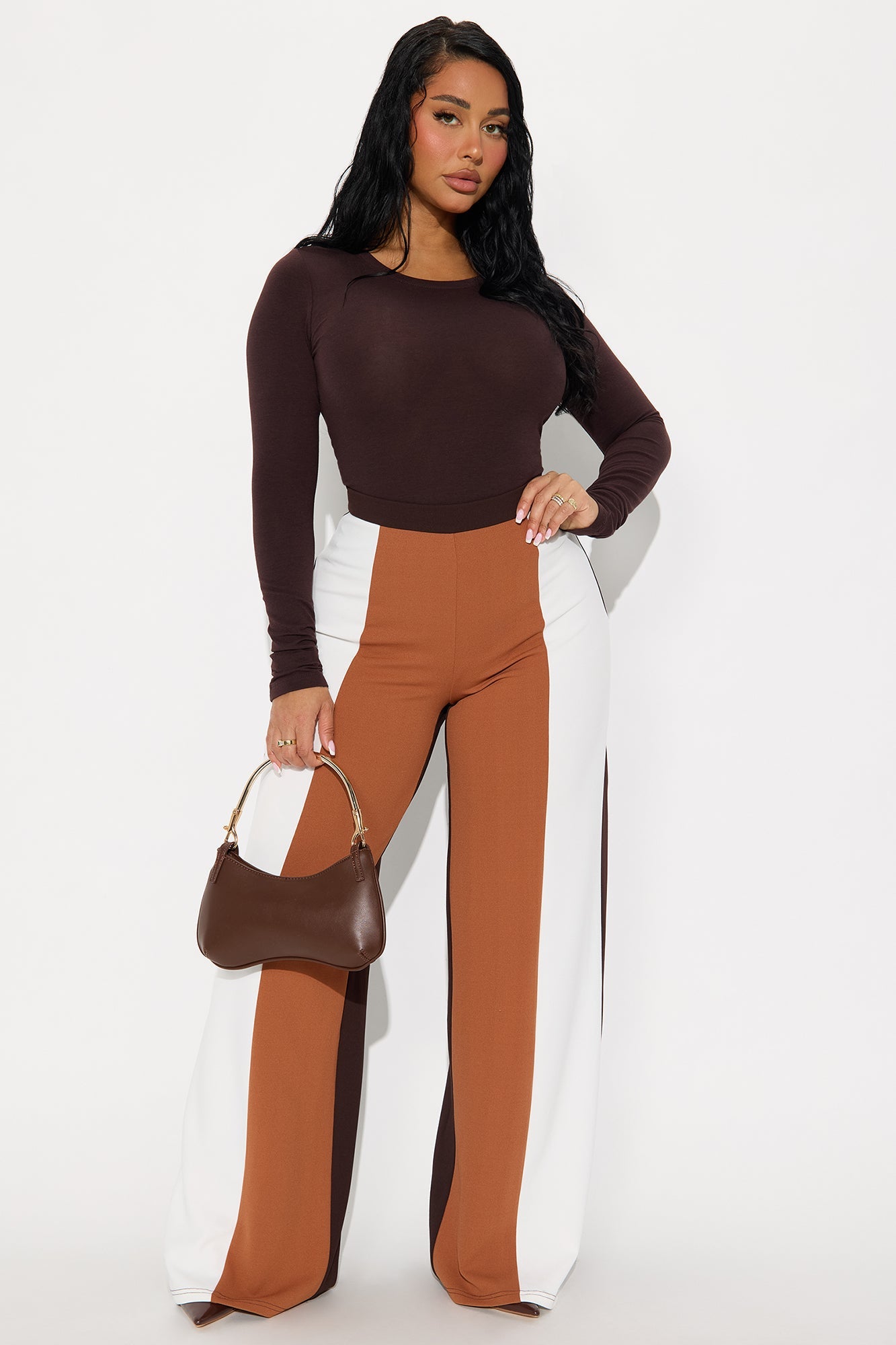 Nellie Colorblock Wide Leg Trouser Pant 33 - Brown/combo