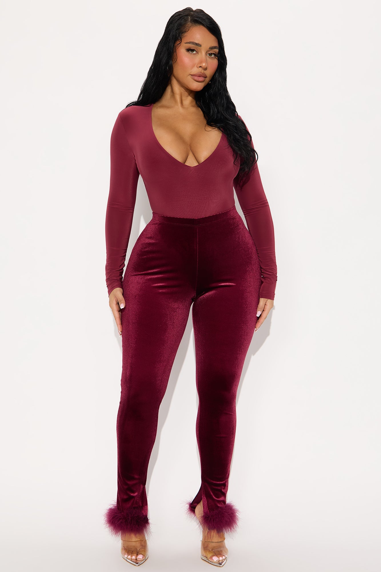 Steal The Night Fur Trim Velvet Legging - Burgundy