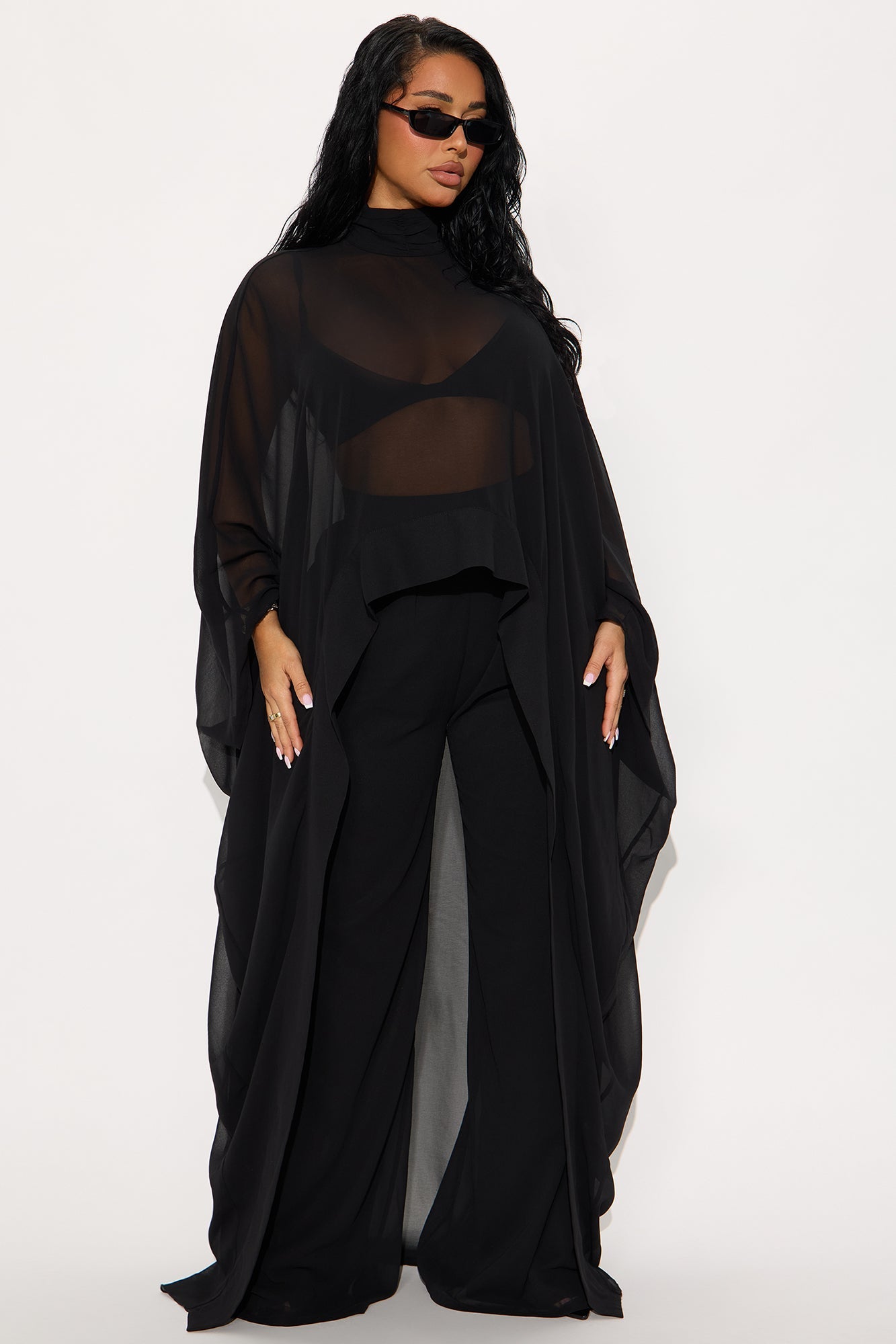 Sheer Moment Draped Pant Set - Black