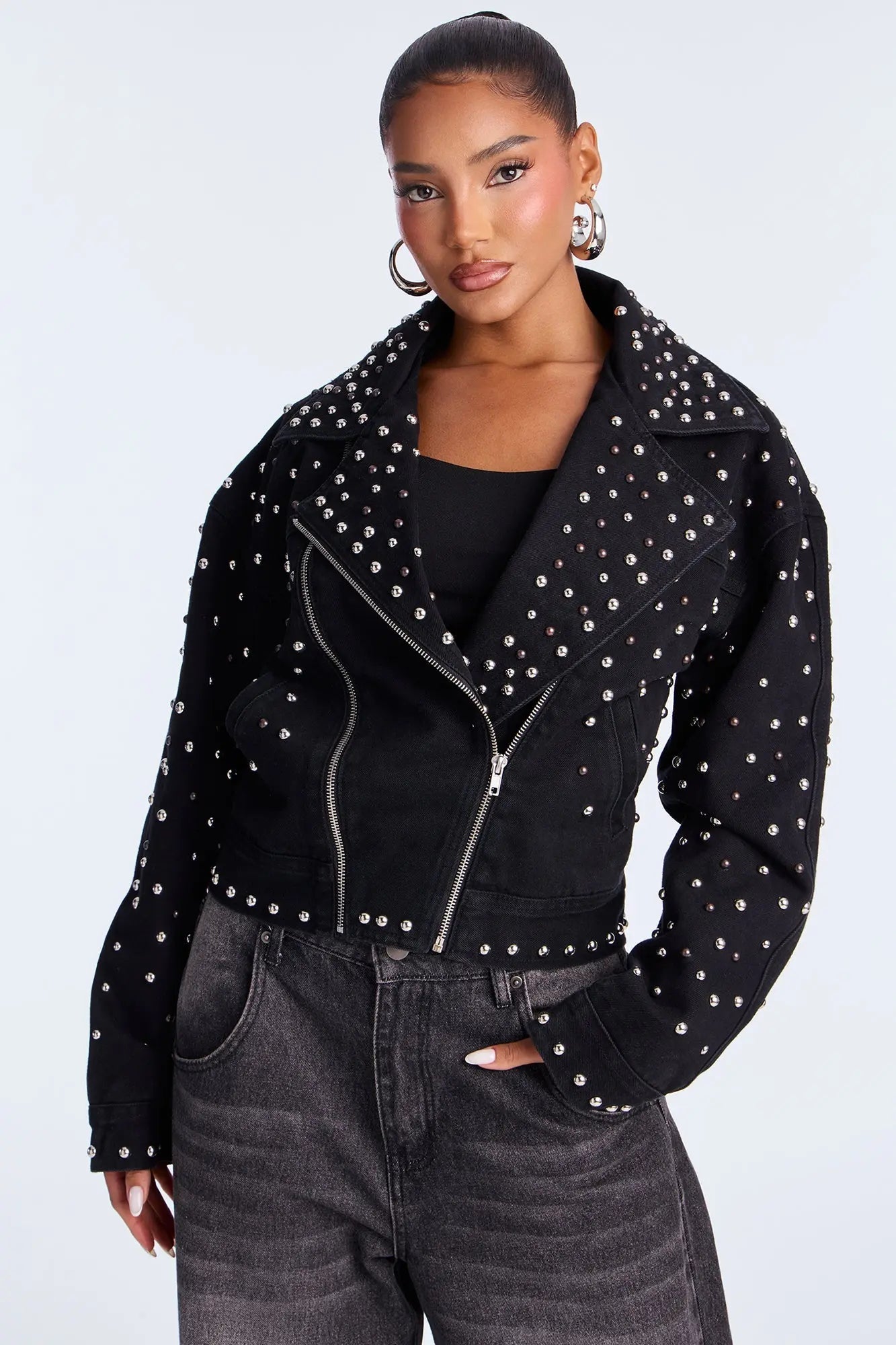 Backstage Studded Denim Moto Jacket - Black