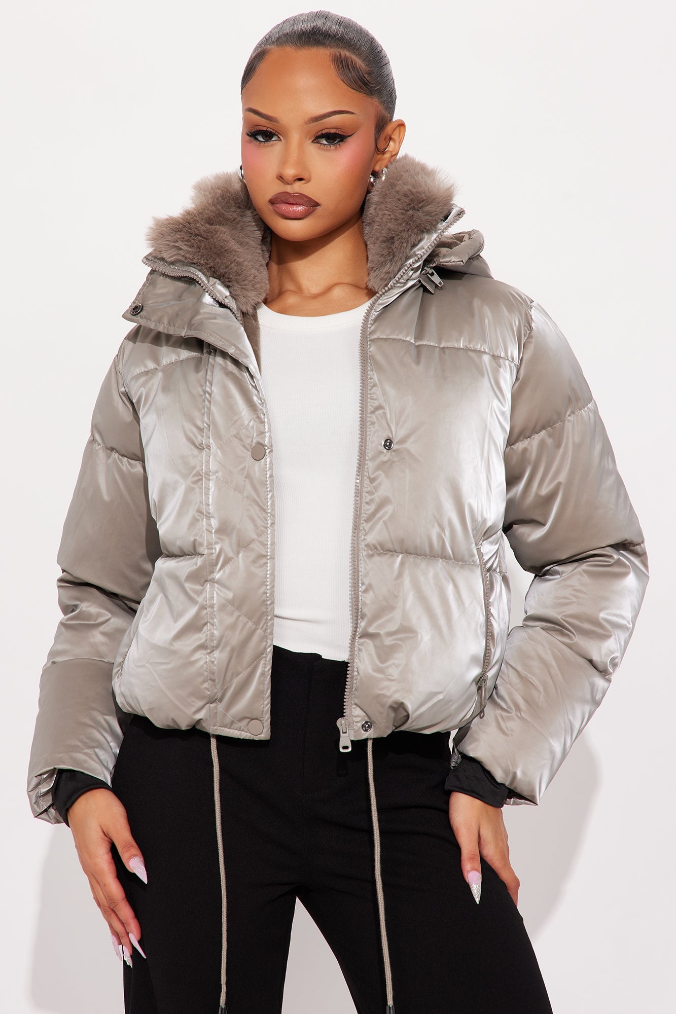 Snowed In Fur Trim Hooded Puffer Jacket - Taupe