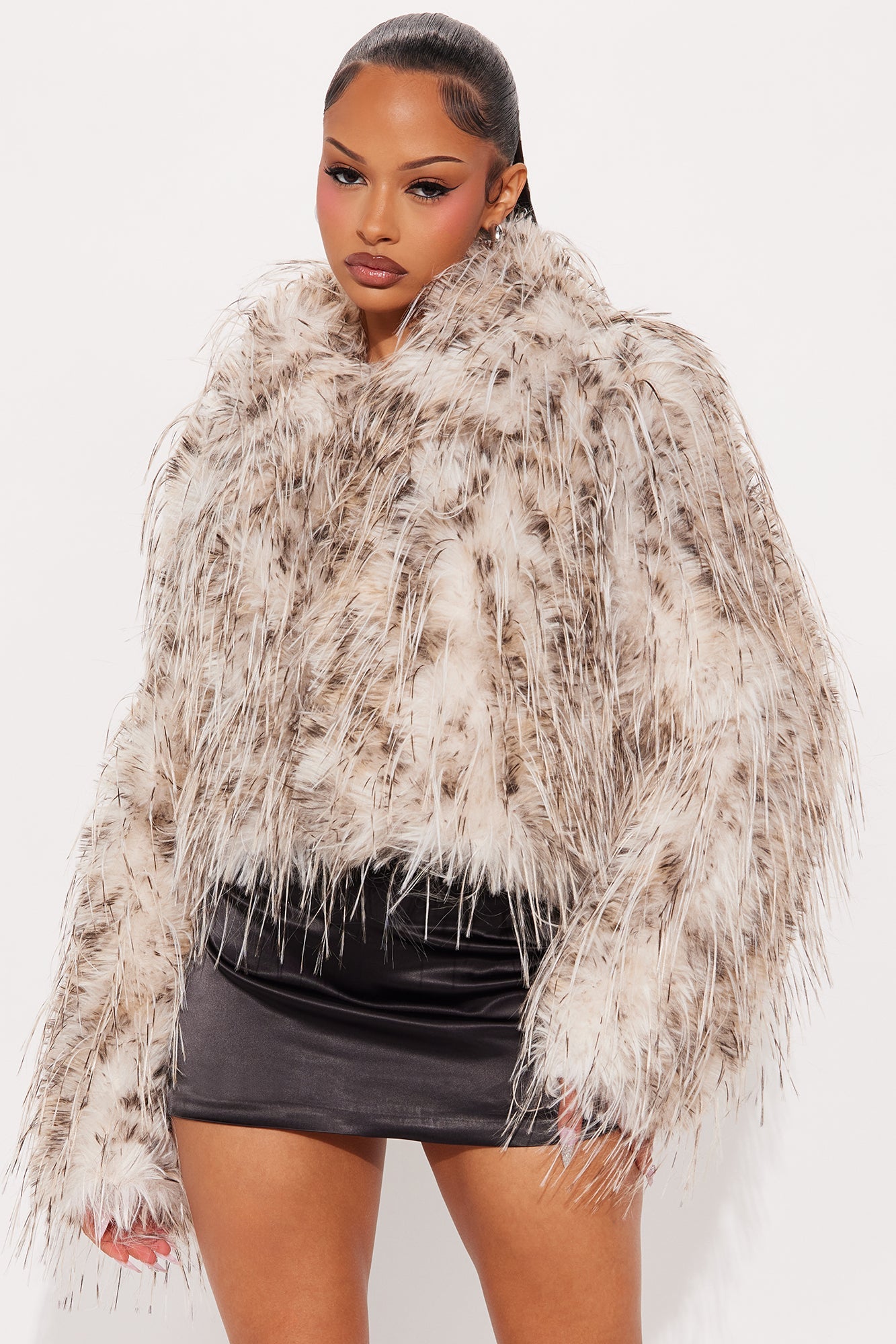 Camila Cropped Shaggy Faux Fur Coat - Brown/combo
