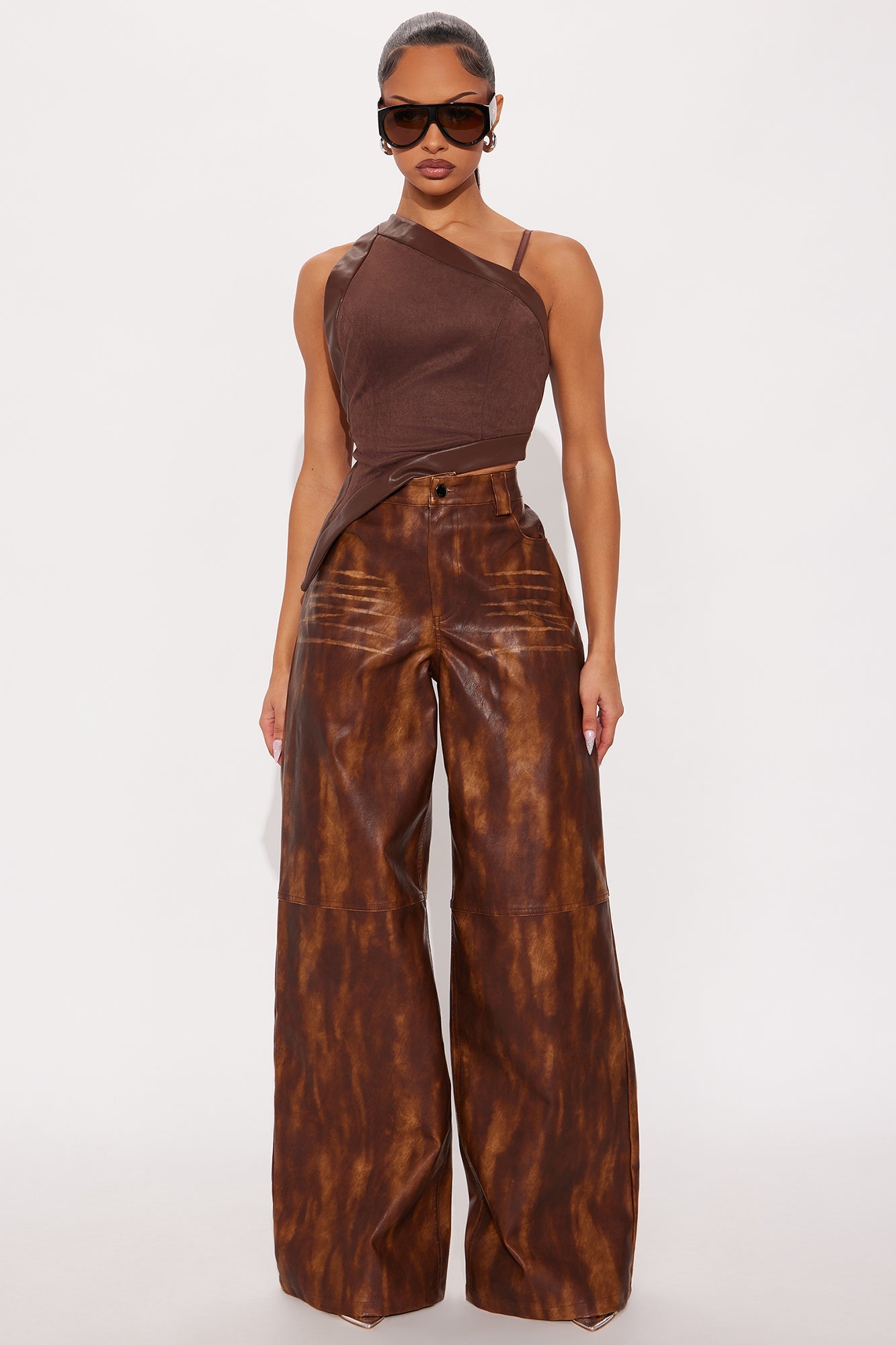 Adrienne Washed Faux Leather Wide Leg Pant 33 - Brown