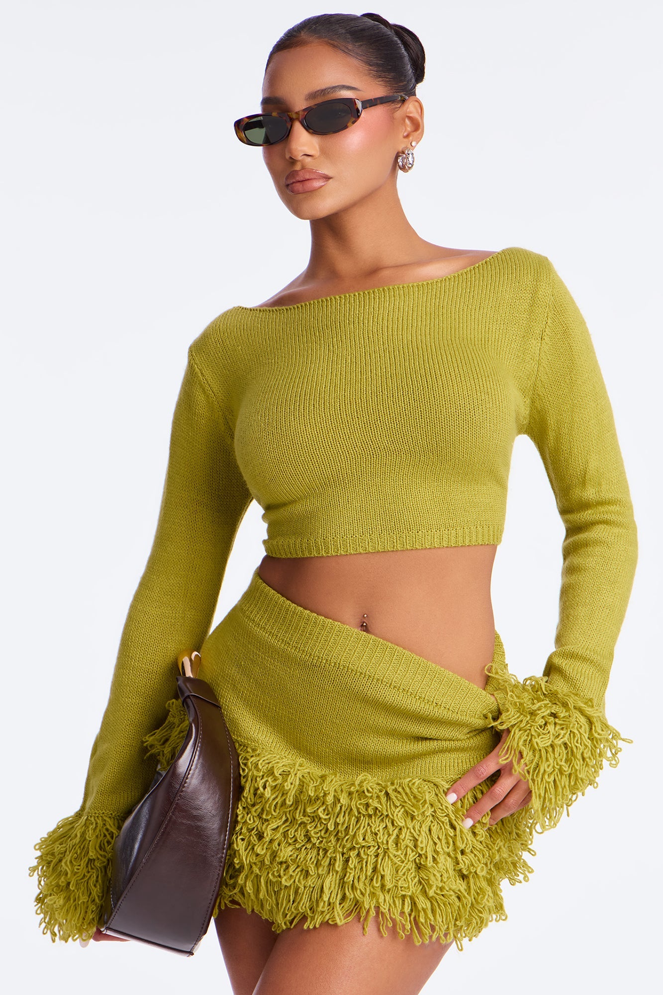 Collette Fringe Sweater Mini Skirt Set - Chartreuse