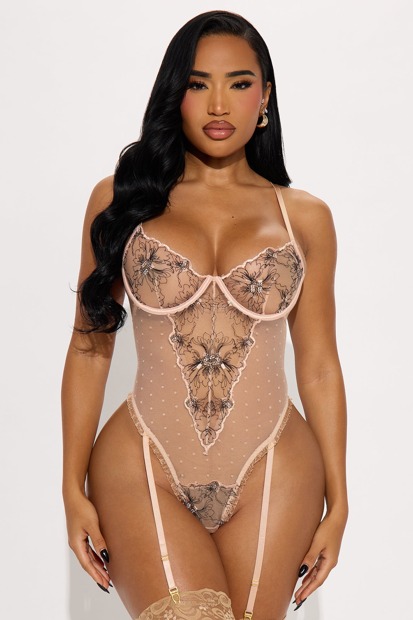 Wicked Bloom Mesh Embroidered Teddy - Peach