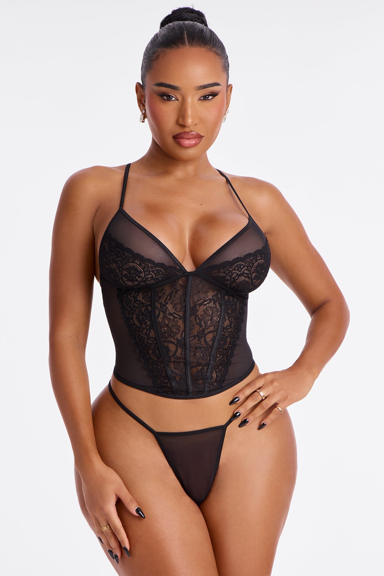 Whispered Sins 2 Piece Mesh Corset Thong Set - Black