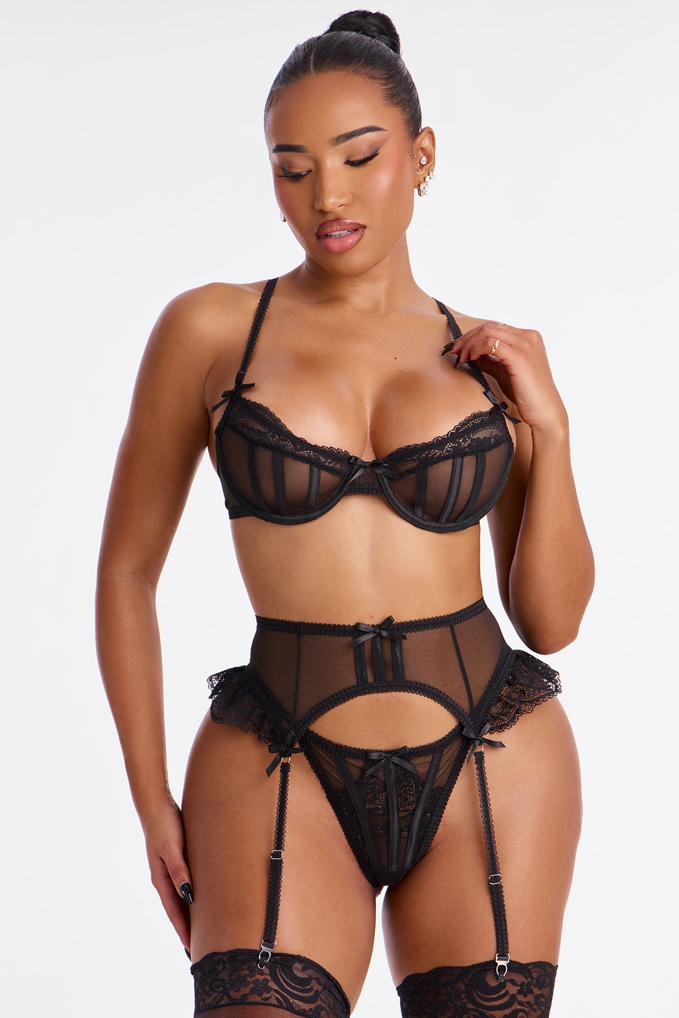 Ellarina 3 Piece Mesh Lace Bra and Panty Garter Set - Black