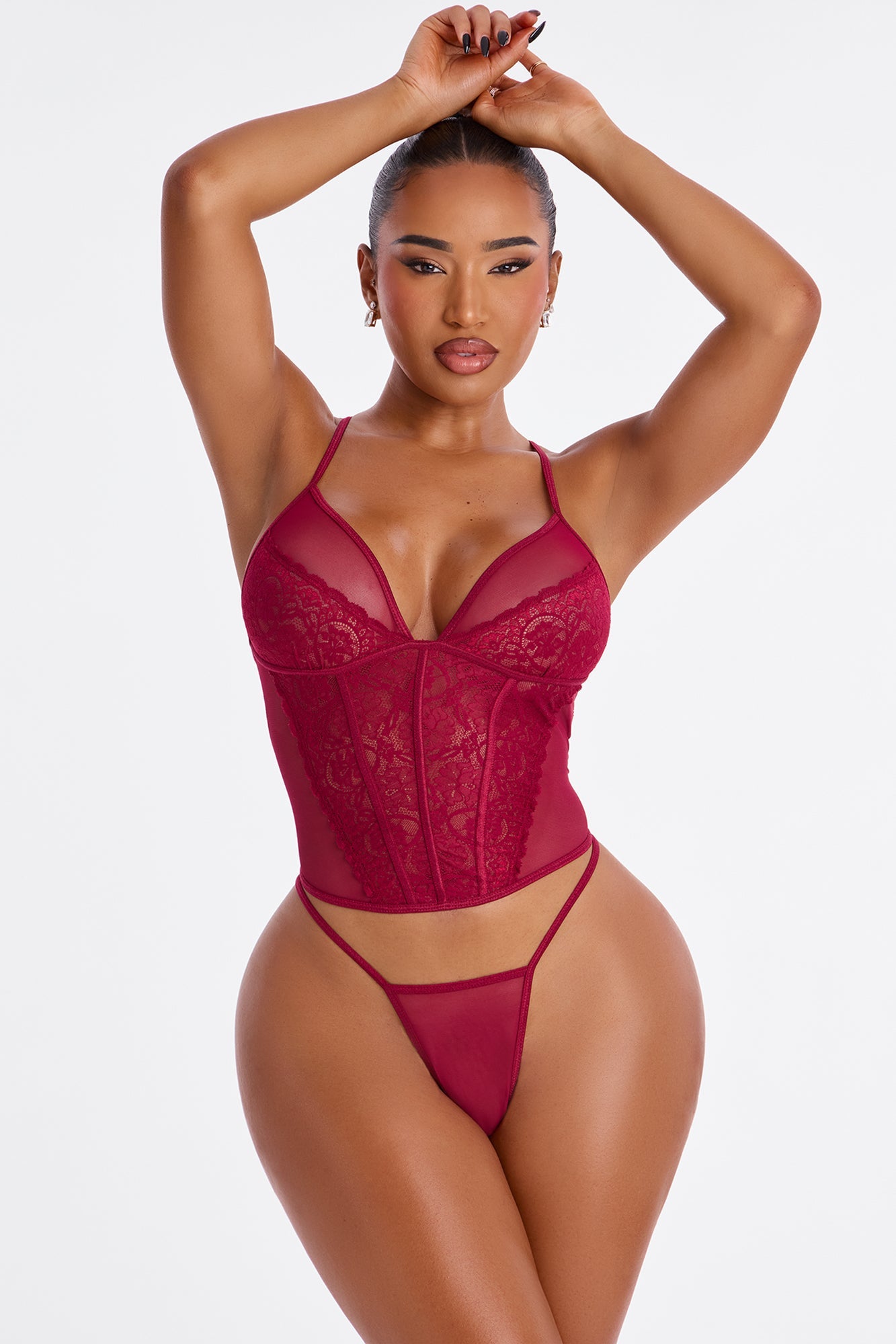 Whispered Sins 2 Piece Mesh Corset Thong Set - Wine