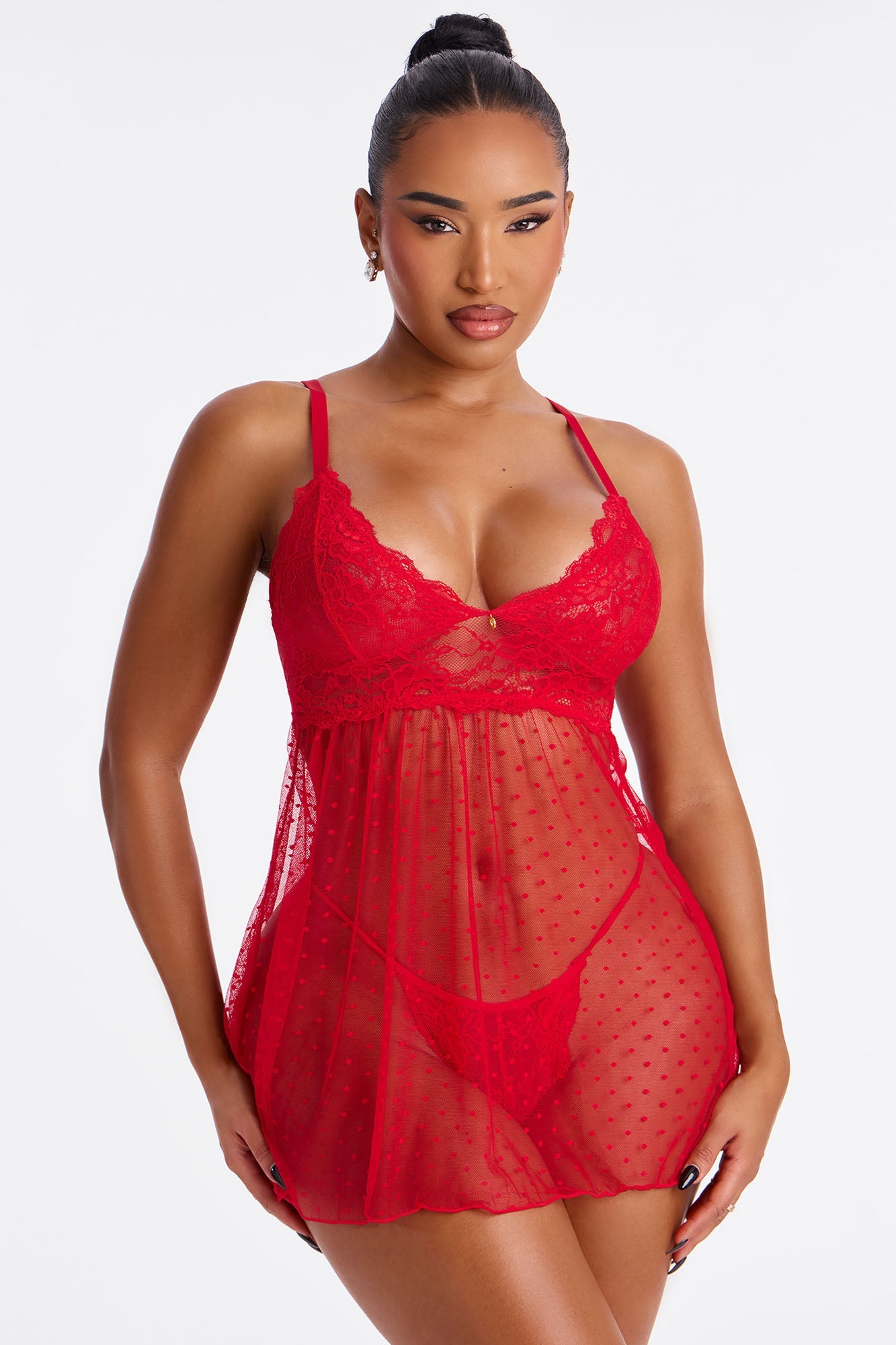 Bedtime Sheer Lace Trim Mini Babydoll - Red