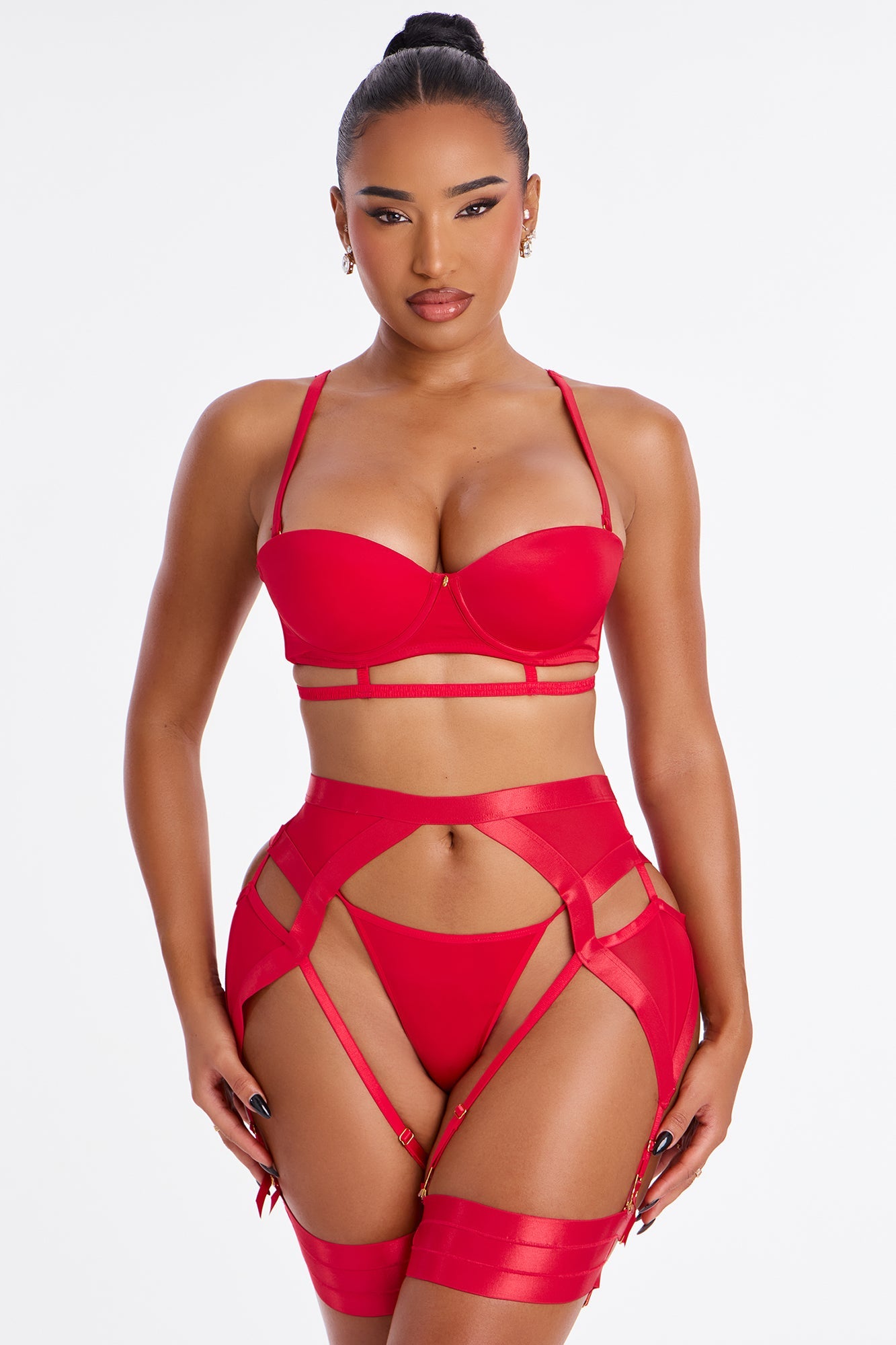 Just Strappy Satin 3 Piece Garter Set - Red