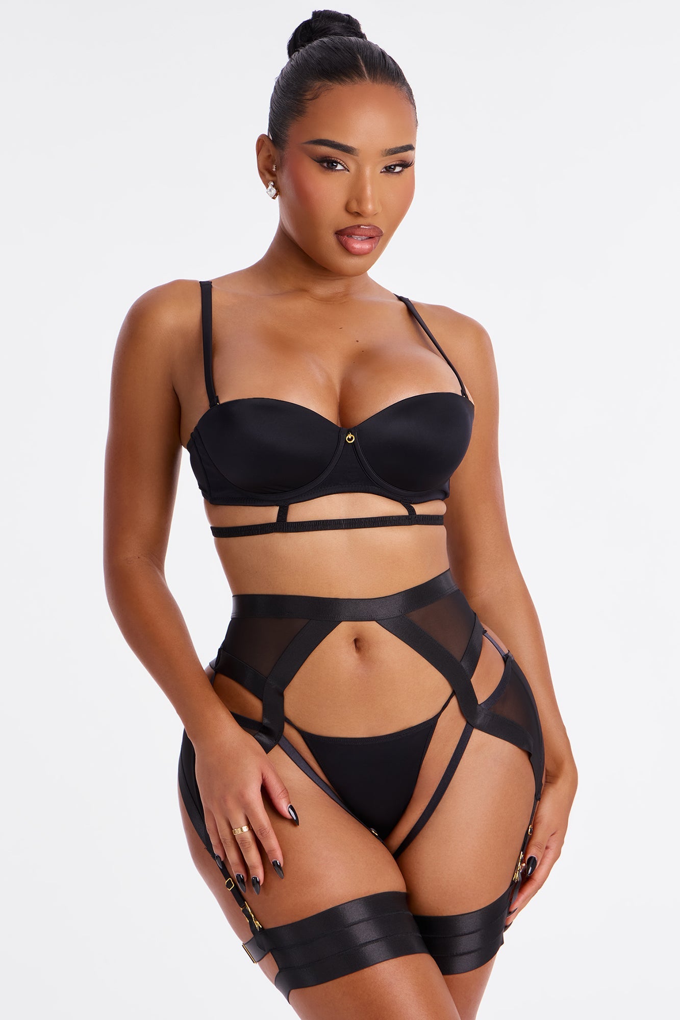 Just Strappy Satin 3 Piece Garter Set - Black