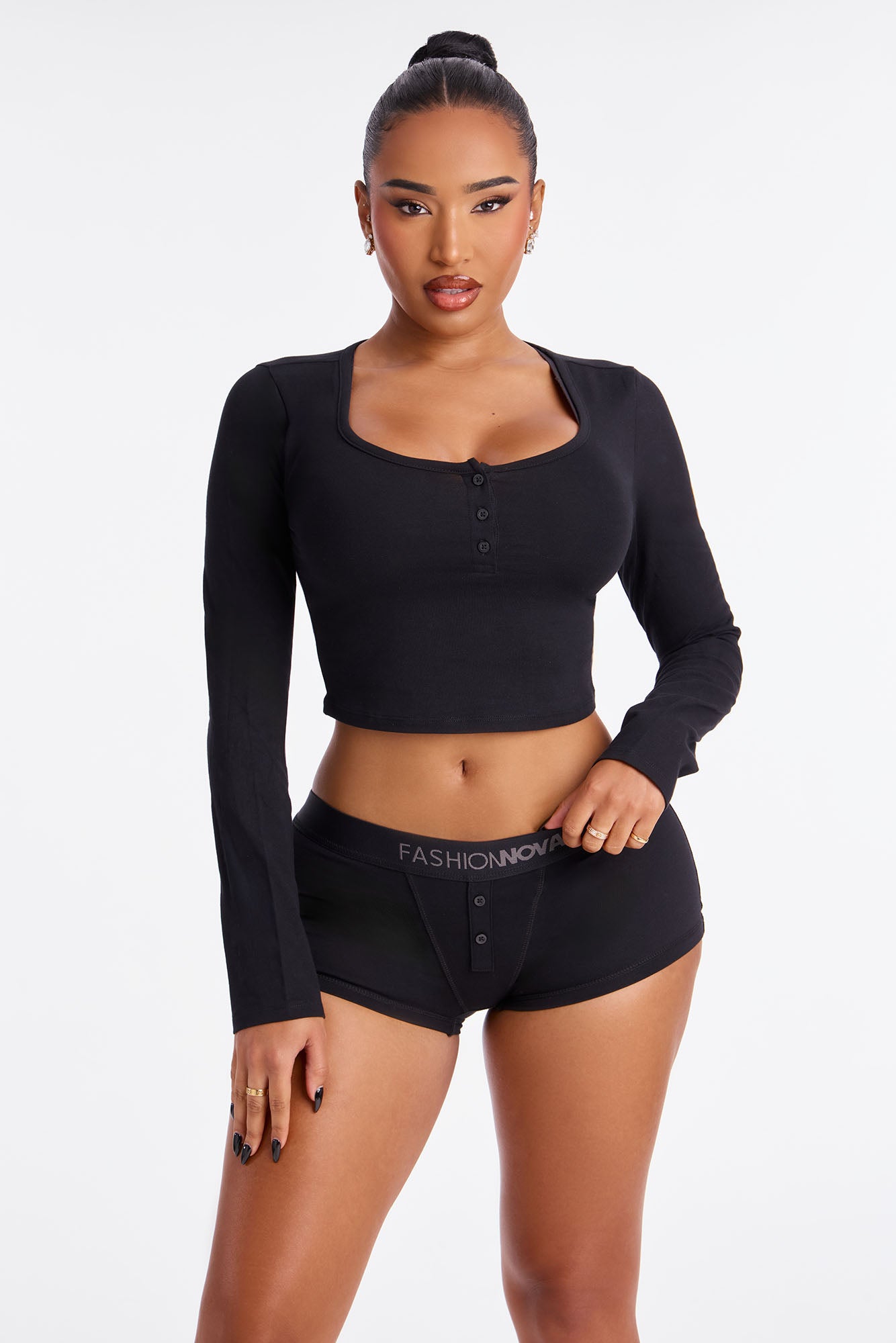 FN Mood Long Sleeve Crop Top And Boxer 2 Piece Cotton Set - Black