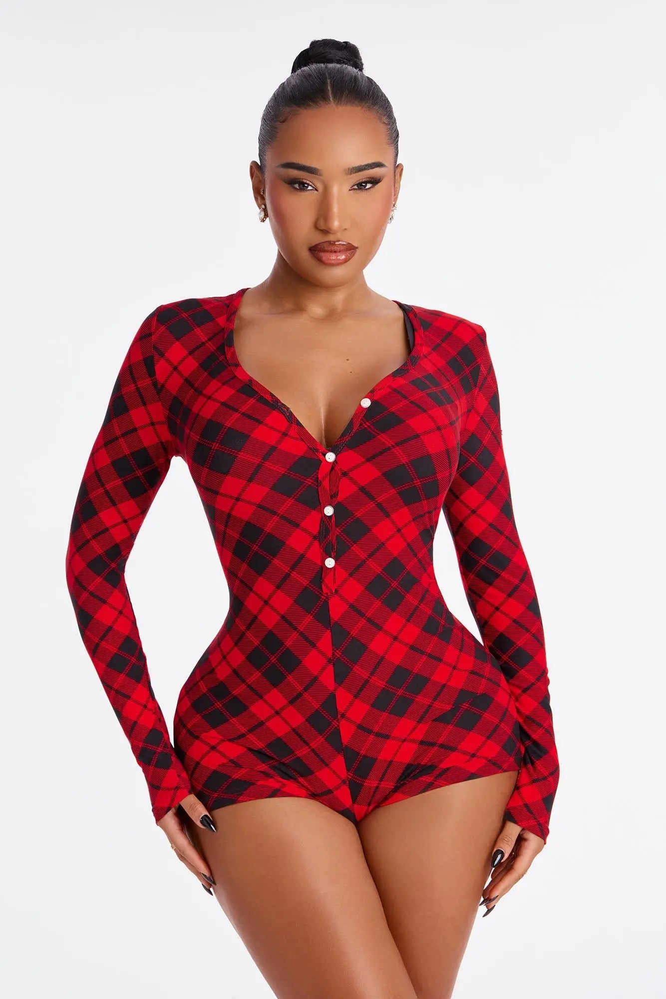 Plaid Habits Long Sleeve PJ Romper Onesie - Red/Black