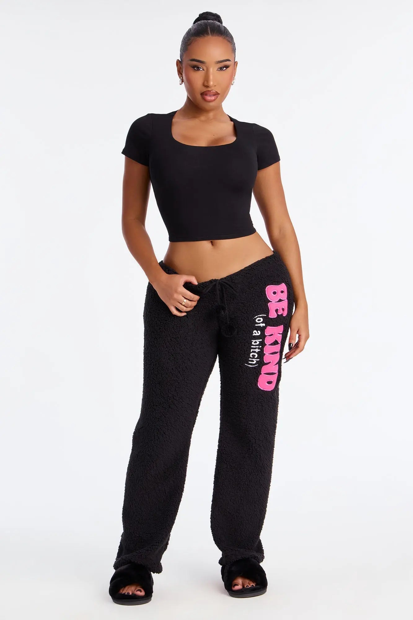 Be Kind Embroidered Sherpa PJ Pants - Black