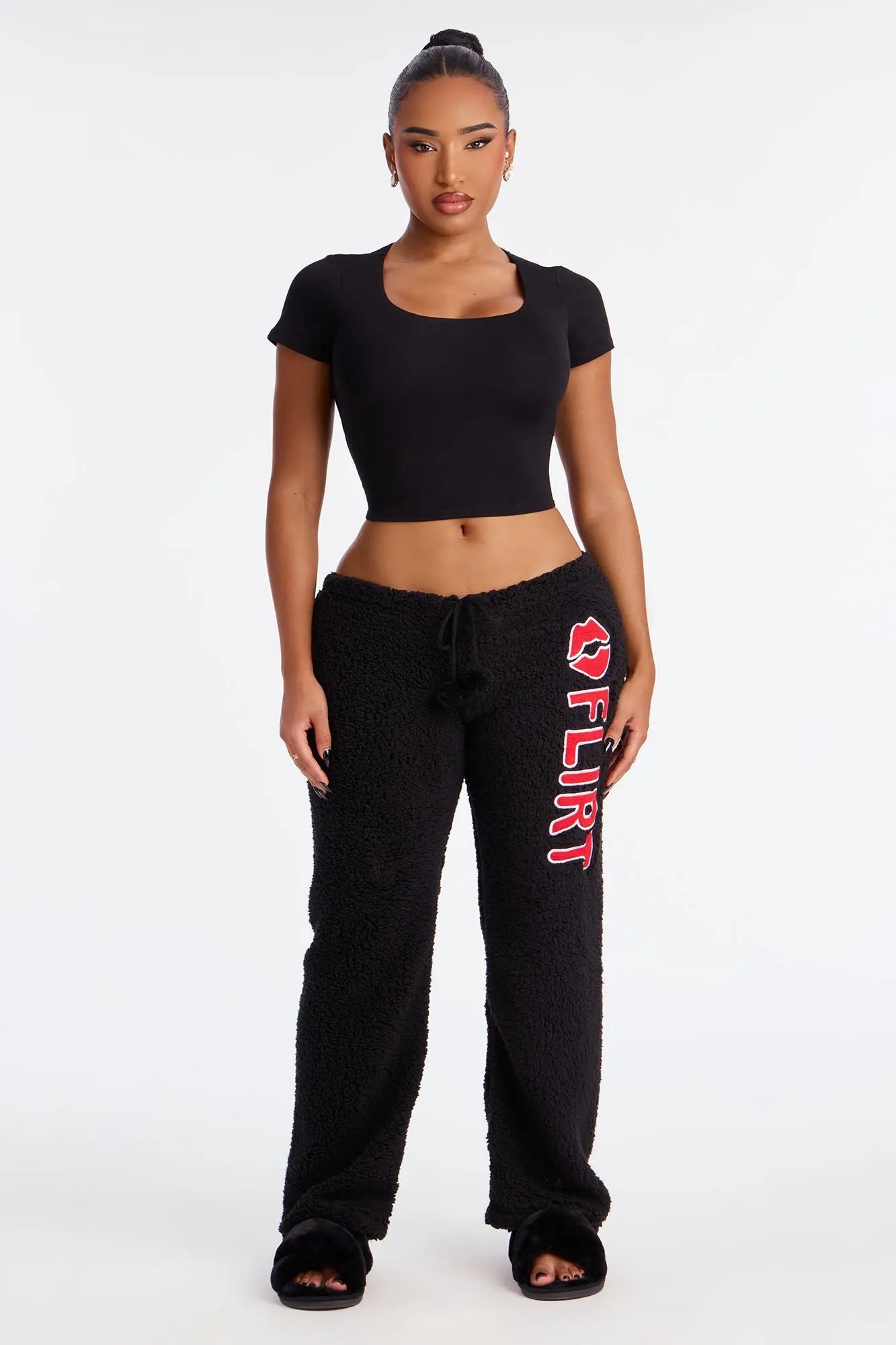 Big Flirt Embroidered Sherpa PJ Pants - Black
