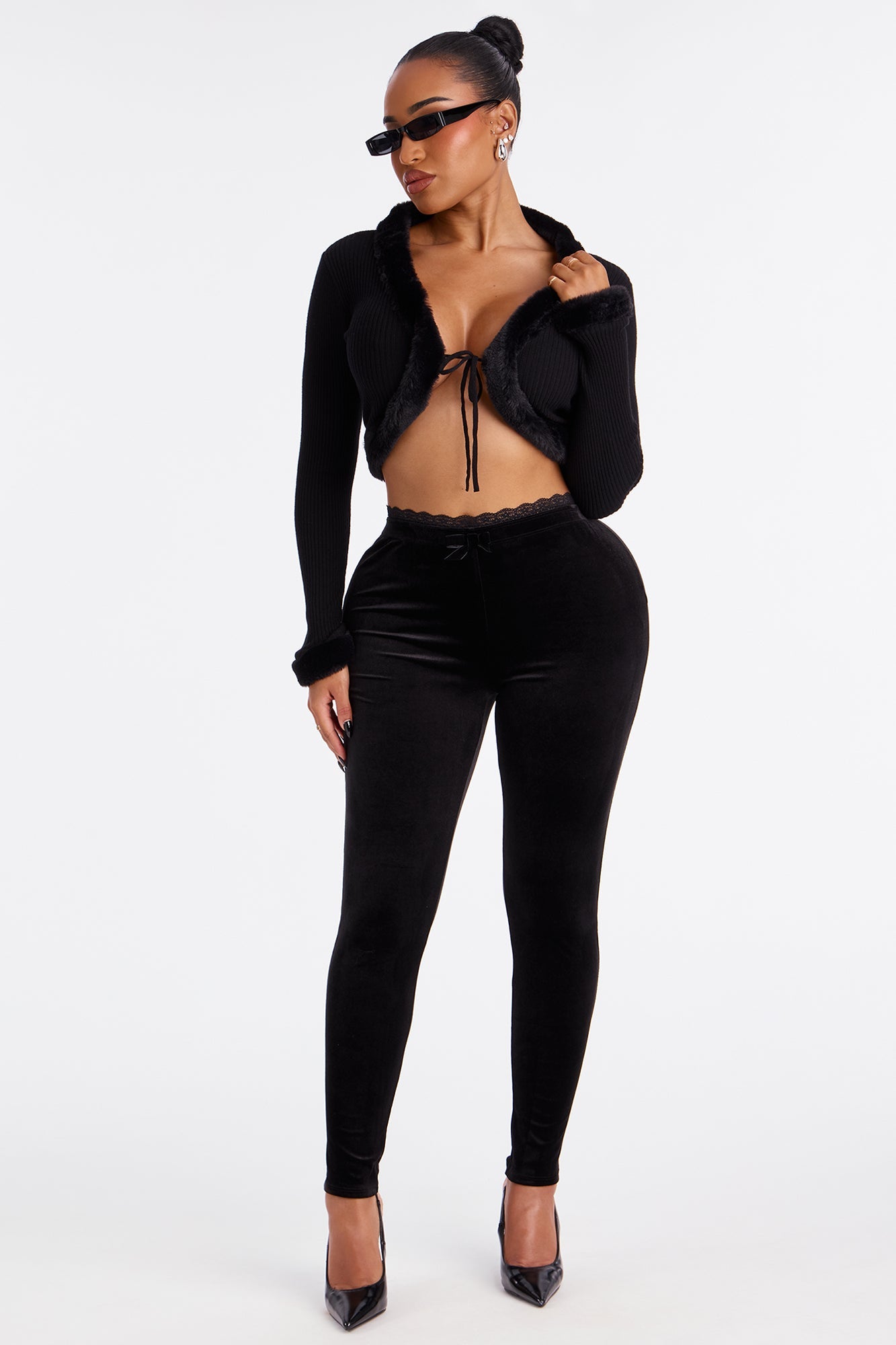 Valentina Solid Lace Trim Velvet Legging - Black