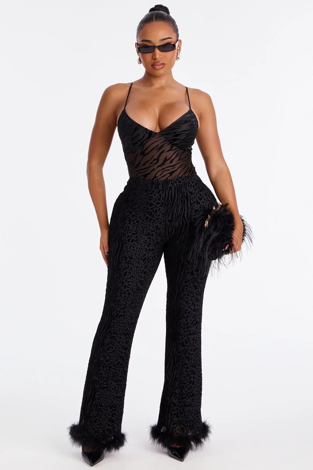 Wild Whisper Velvet Burnout Feather Trim Pant - Black