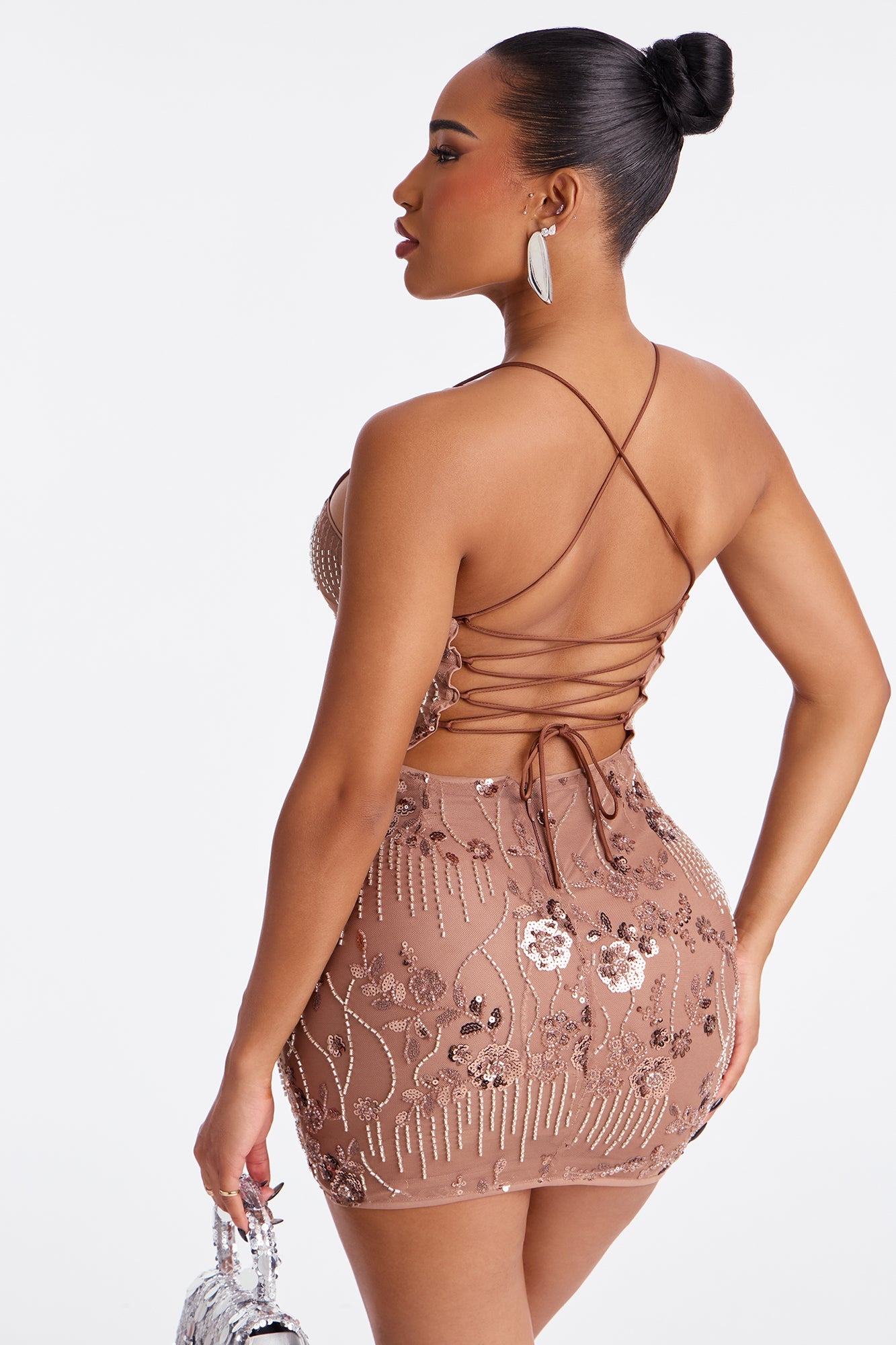 Glitz Mode Beaded Mesh Mini Dress - Brown