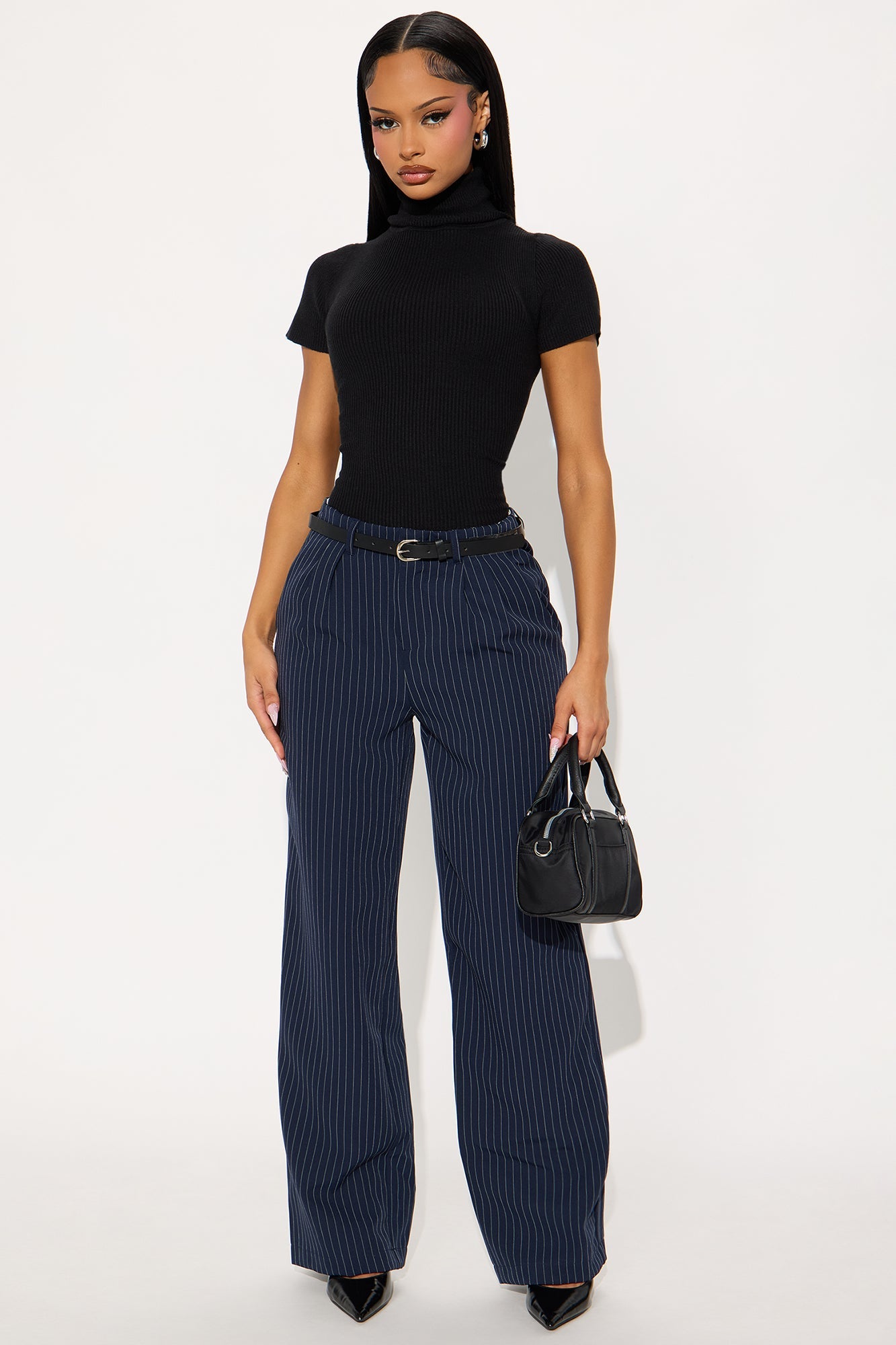Make A Statement Belted Pinstripe Trouser Pant 31.5 - Navy