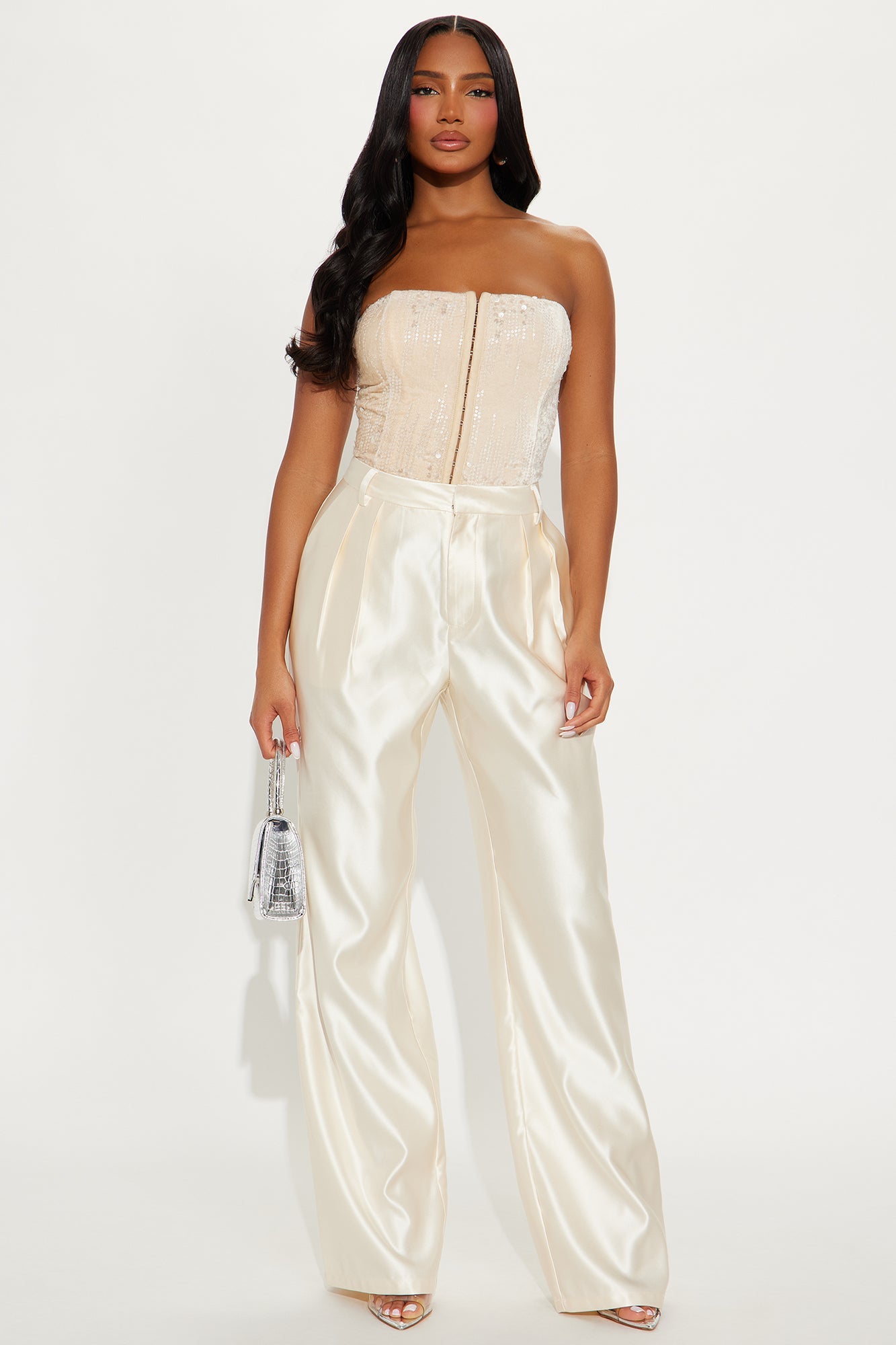 Late Night Cue Satin Wide Leg Pant 32″ - Ivory