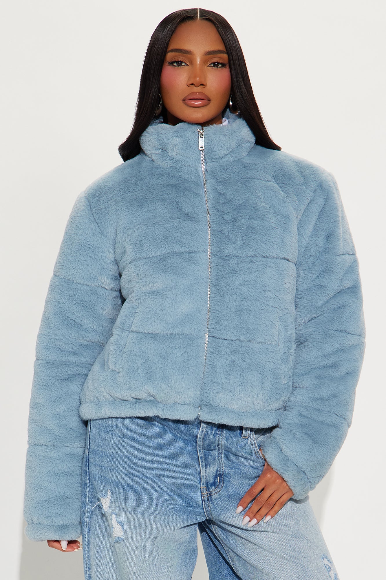 Elizabeth Faux Fur Jacket - Dusty Blue
