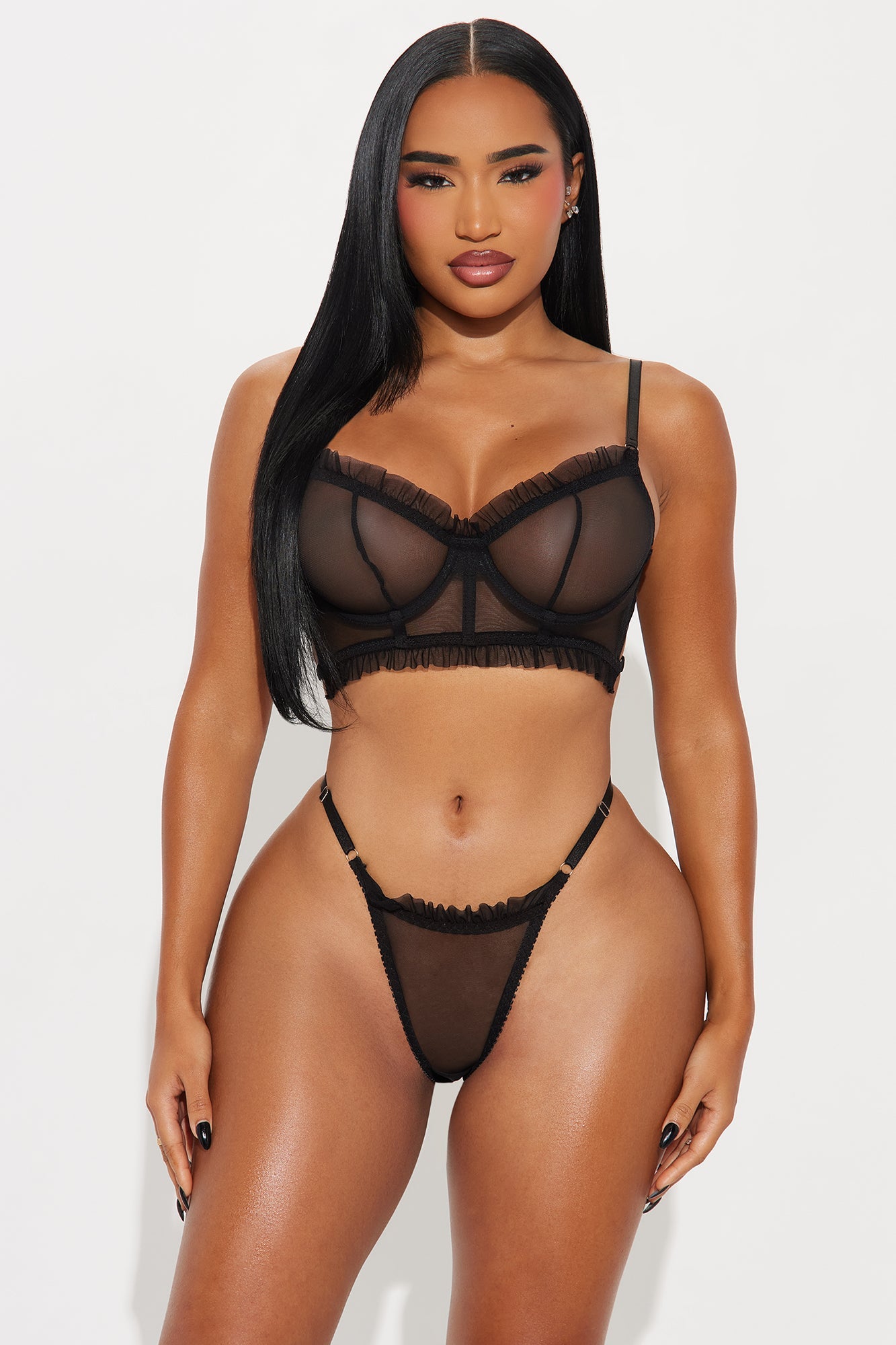 Vivienne Mesh Bra and Thong 2 Piece Set - Black