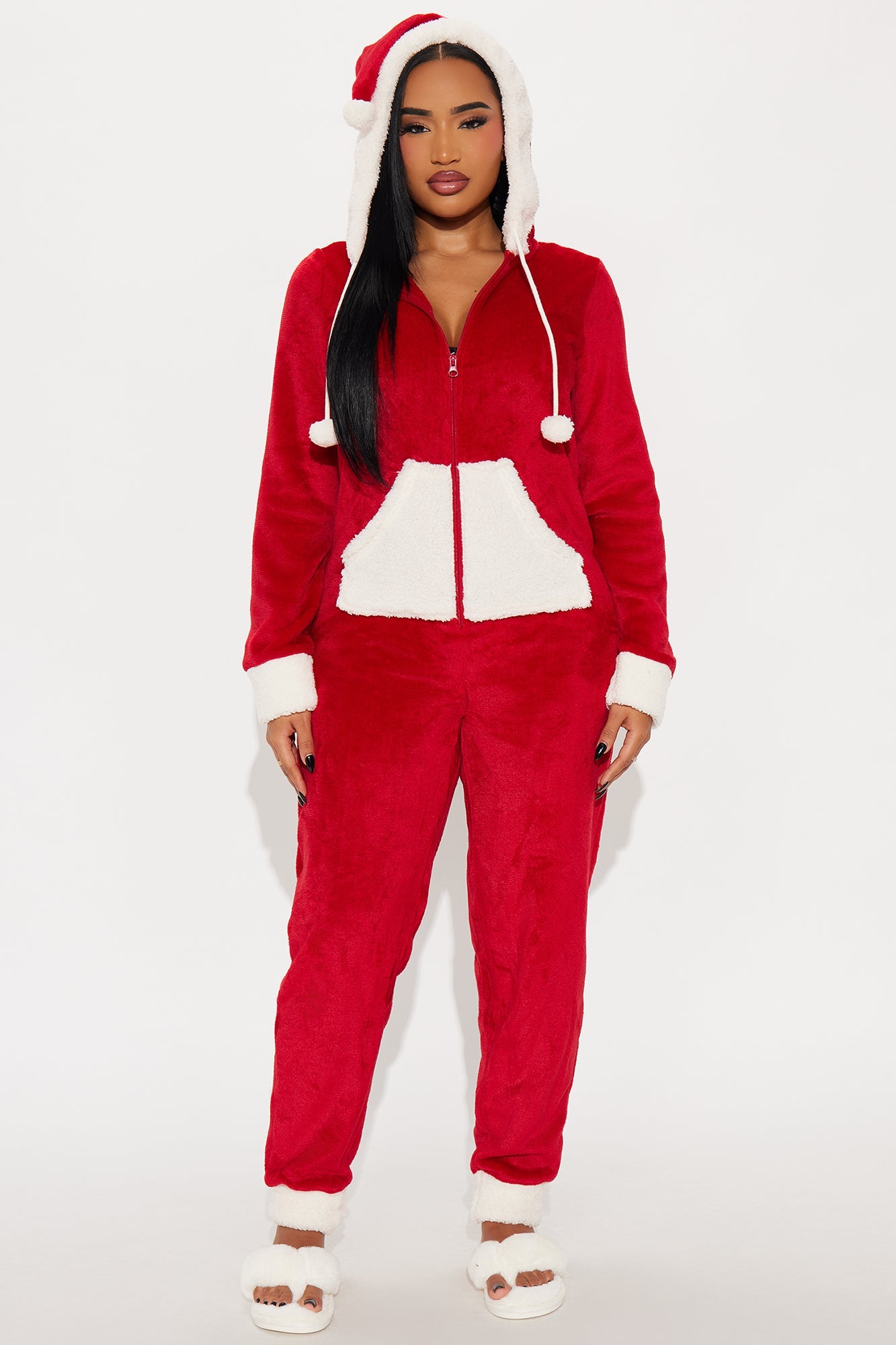 Santa HoHoHo Plush Hoodie PJ Jumpsuit Onesie - Red/White