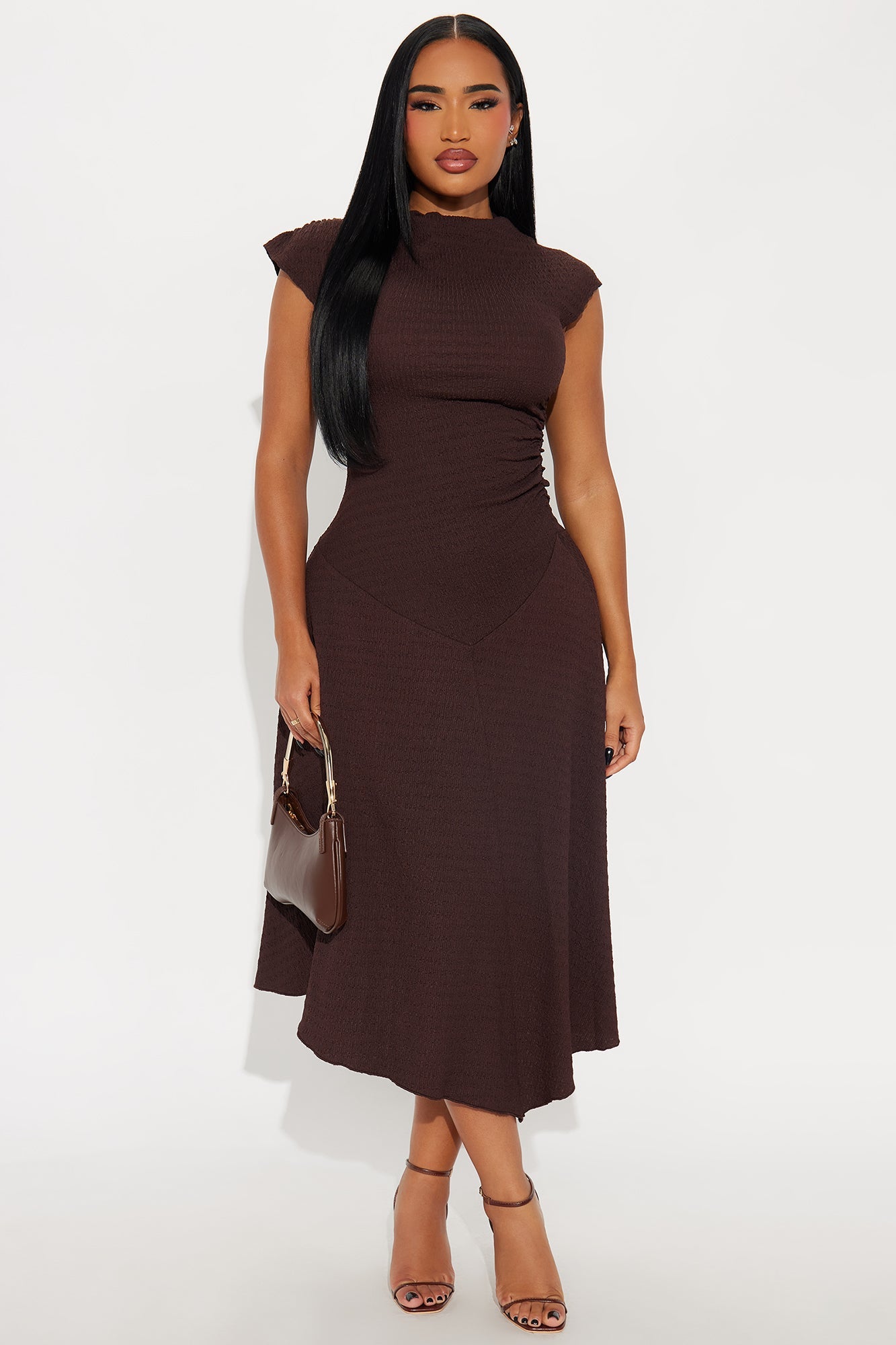Kalina Textured Midi Dress - Brown