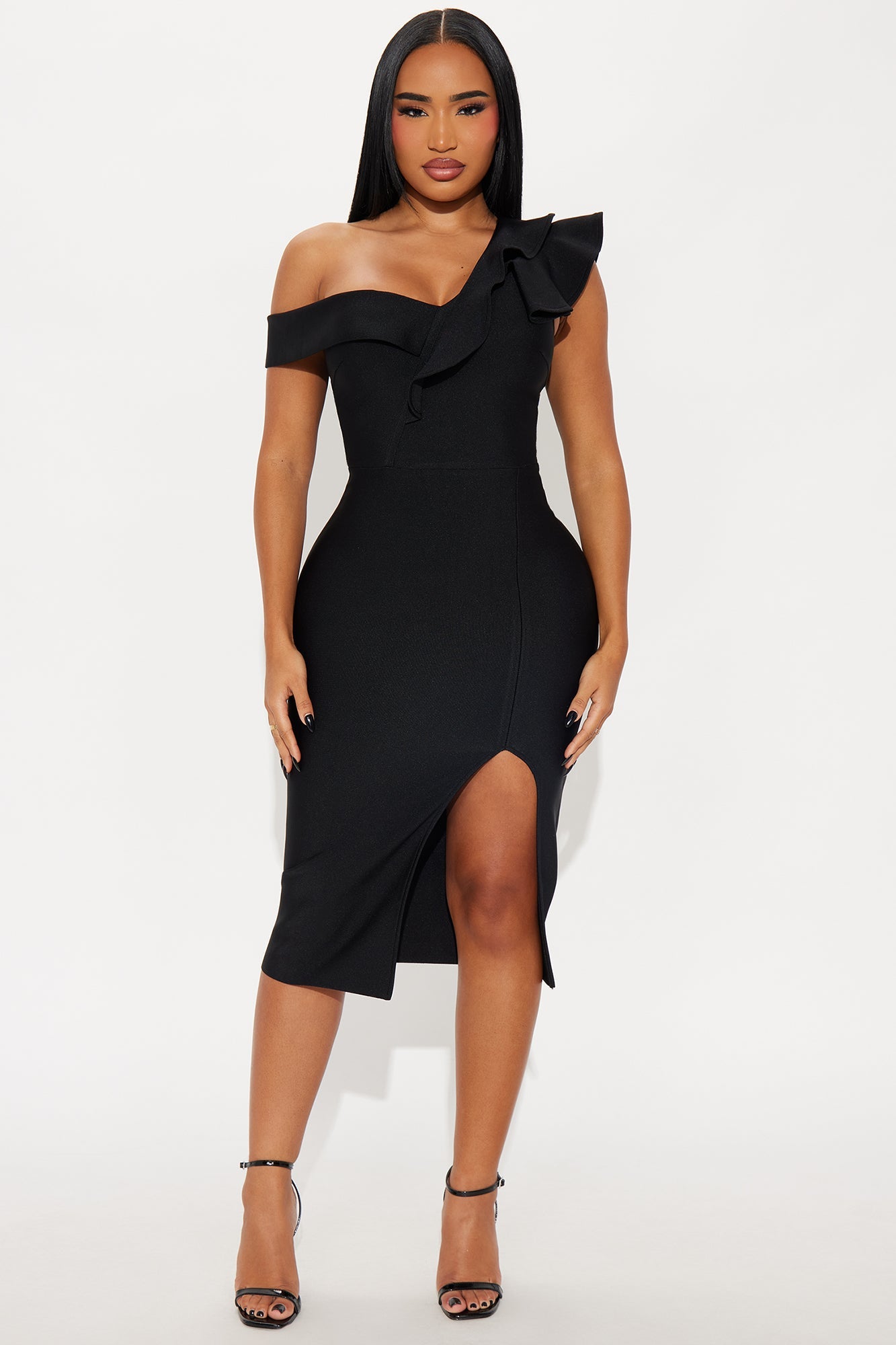 Riley Ruffle Bandage Midi Dress - Black