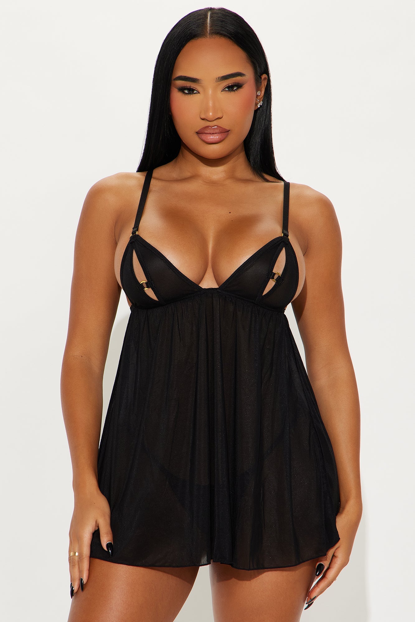 Live A Little Mesh Shimmer Babydoll - Black