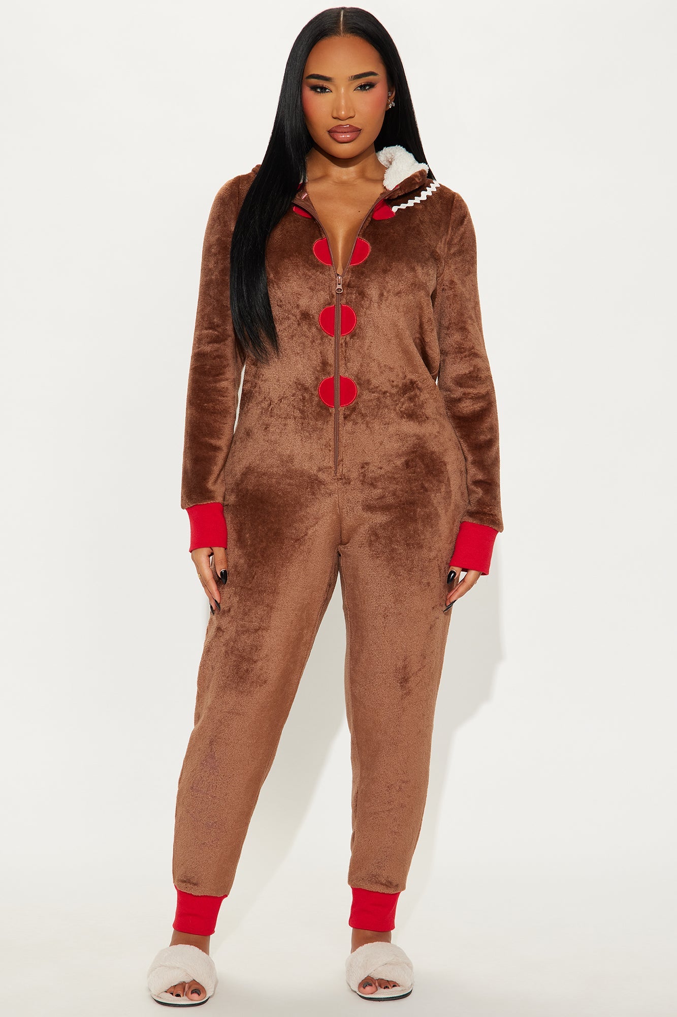Gingerbread Cookie Plush Hoodie PJ Jumpsuit Onesie - Brown/combo