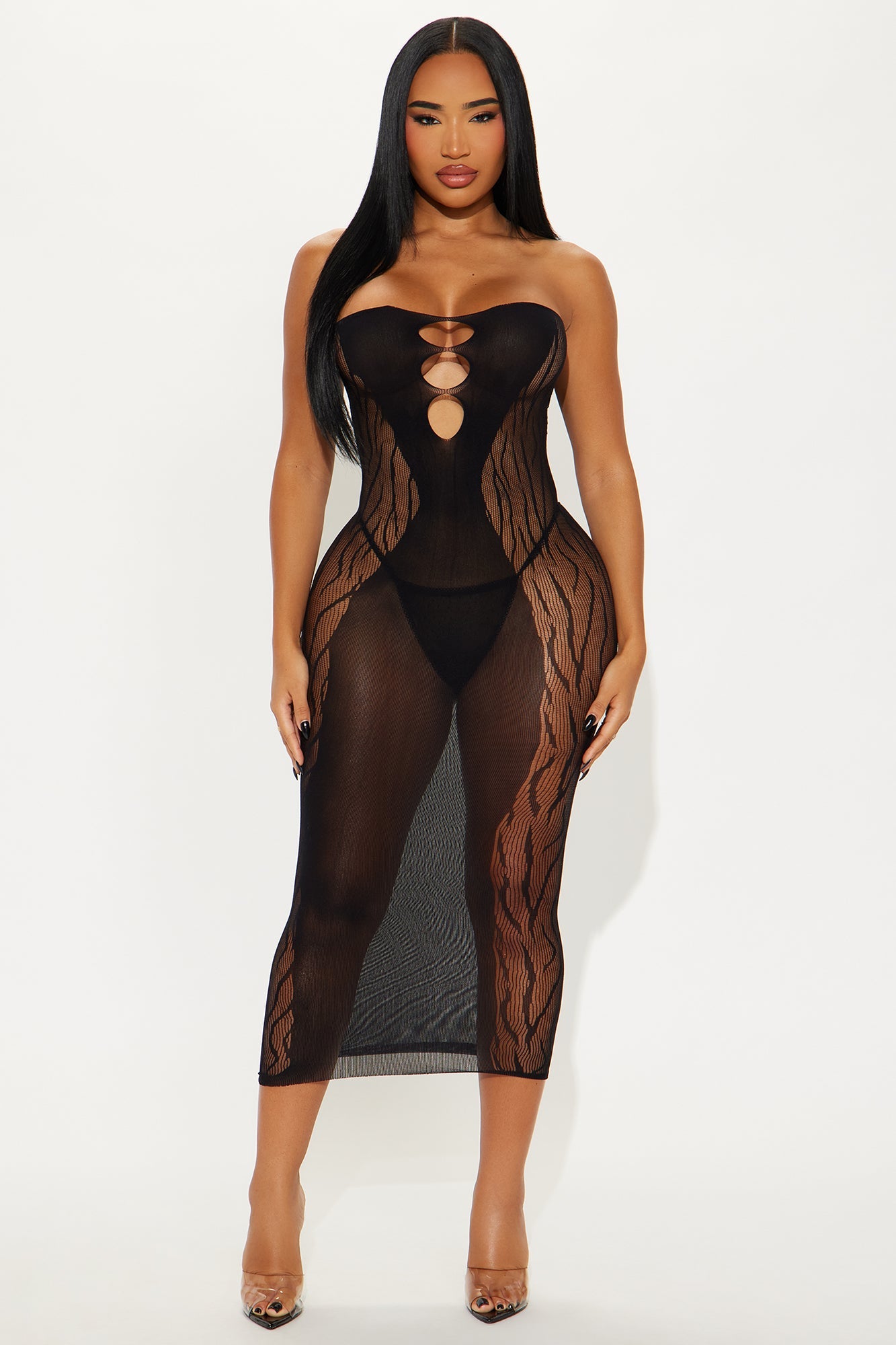 Night Out Glitter Midi Dress Bodystocking - Black