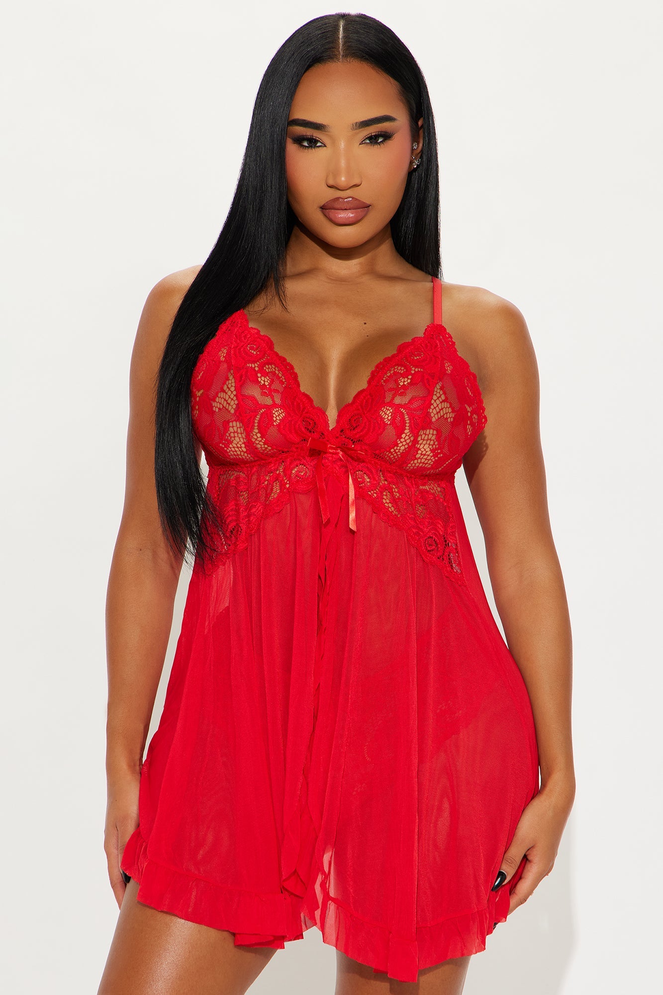 Milania 2 Piece Mesh Lace Babydoll and Panty - DarkRed